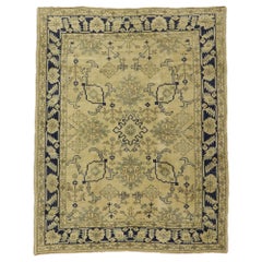 Blue and Beige Vintage Turkish Oushak Rug with Chinoiserie Style