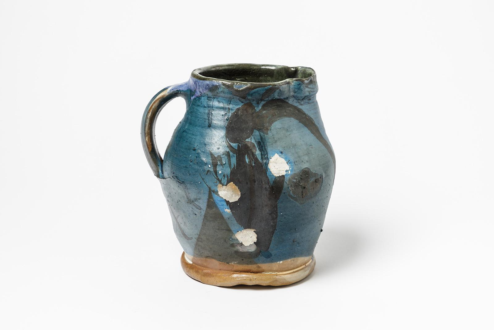 French Blue and Black Abstract Ceramic Pitcher by Michel Lanos circa 1975 Pottery For Sale