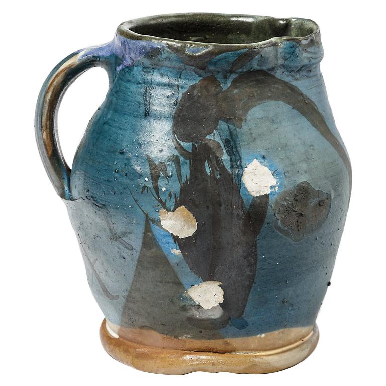 Blue and Black Abstract Ceramic Pitcher by Michel Lanos circa 1975 Pottery