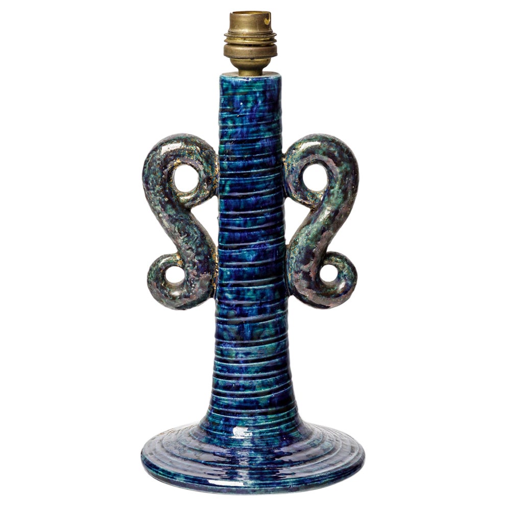 Lámpara de mesa de cerámica azul y negra art decó del siglo XX circa 1940 24 cm