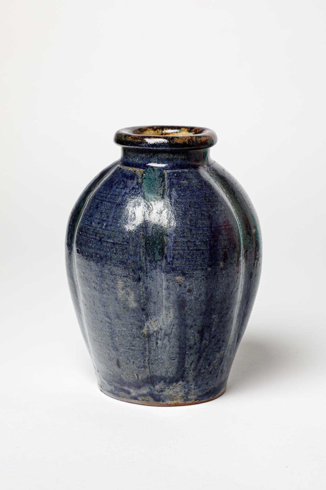 Art Deco blue and black art deco stoneware ceramic vase La Borne by Bernon Marius 1940 For Sale