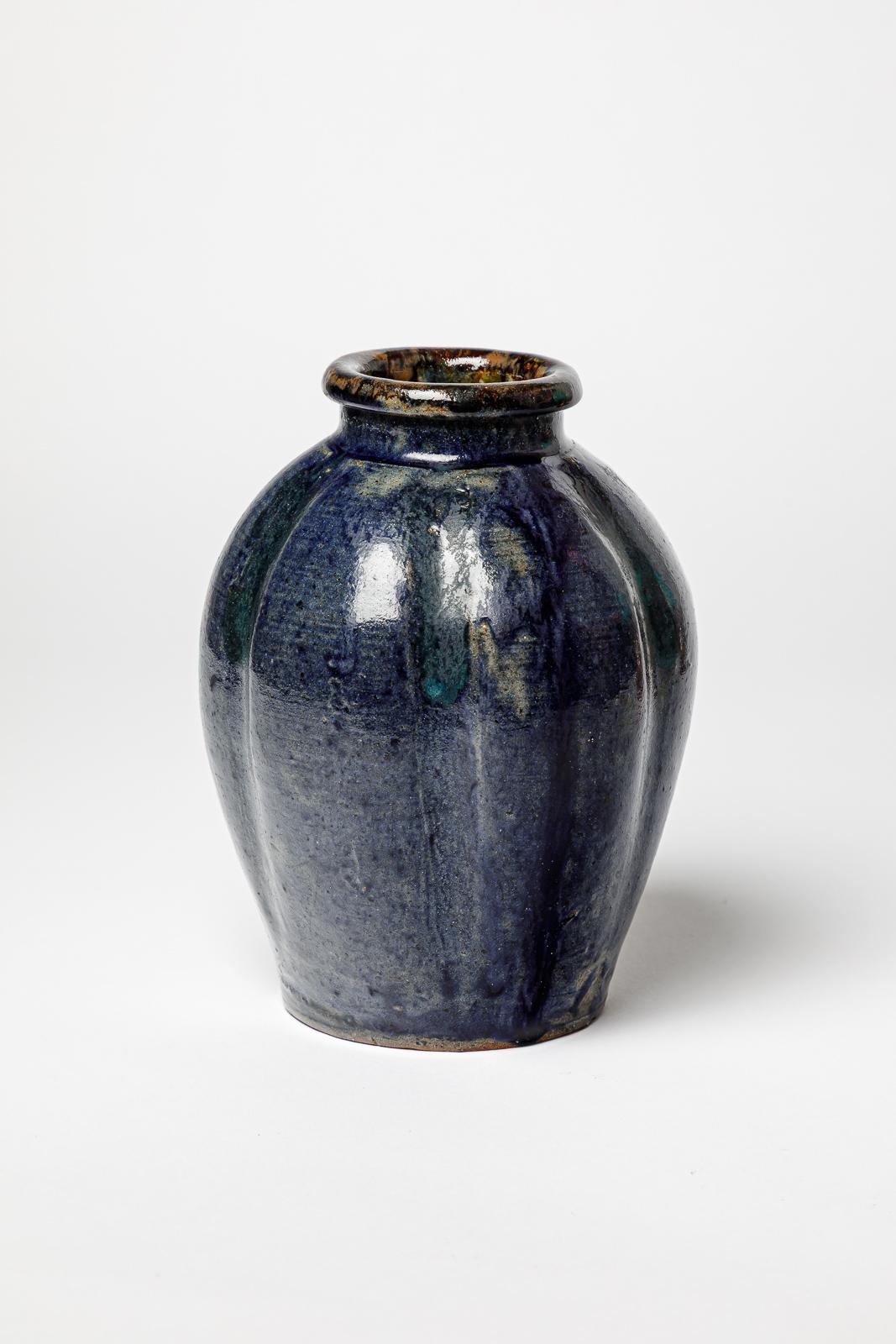 French blue and black art deco stoneware ceramic vase La Borne by Bernon Marius 1940 For Sale