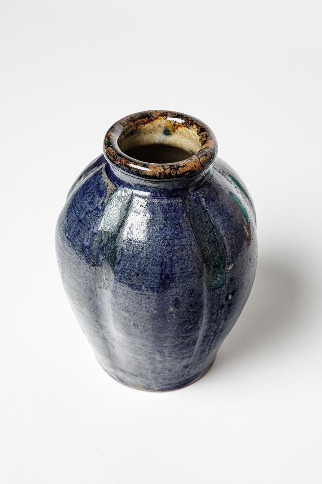 blue and black art deco stoneware ceramic vase La Borne by Bernon Marius 1940 In Excellent Condition For Sale In Neuilly-en- sancerre, FR