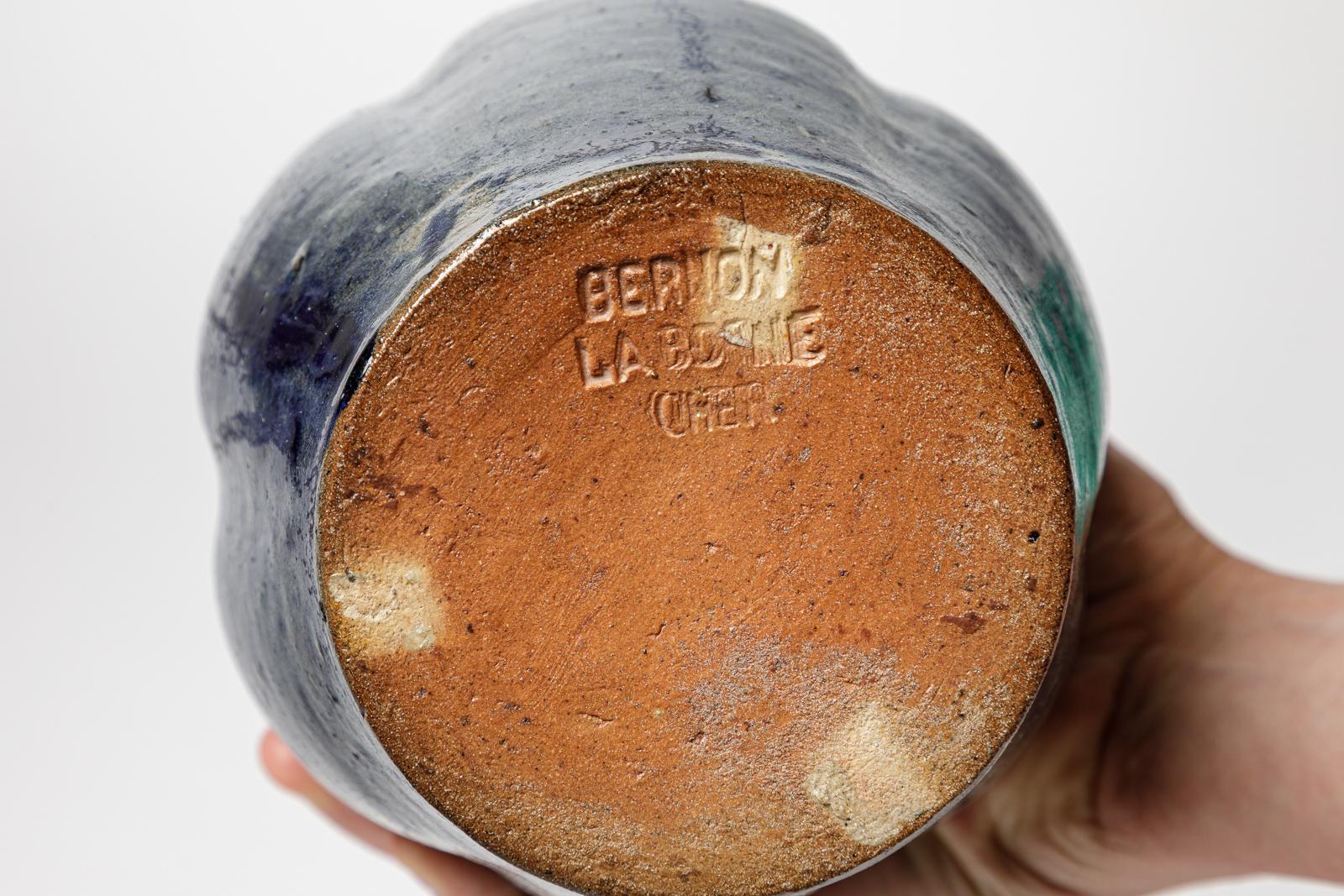 20th Century blue and black art deco stoneware ceramic vase La Borne by Bernon Marius 1940 For Sale