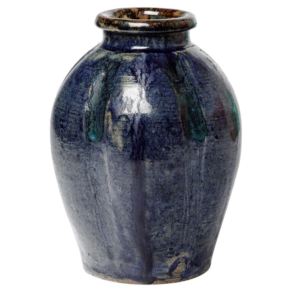 blue and black art deco stoneware ceramic vase La Borne by Bernon Marius 1940 For Sale