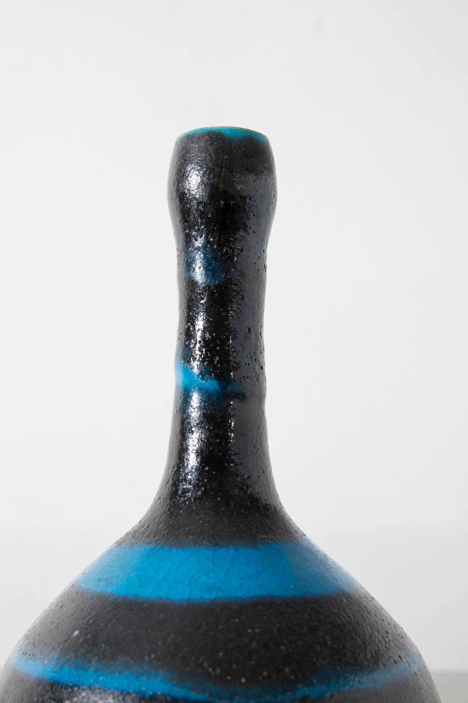 Mid-20th Century Guido Gambone Blue and Black Glazed Earthenware Italian Vase, 1960s