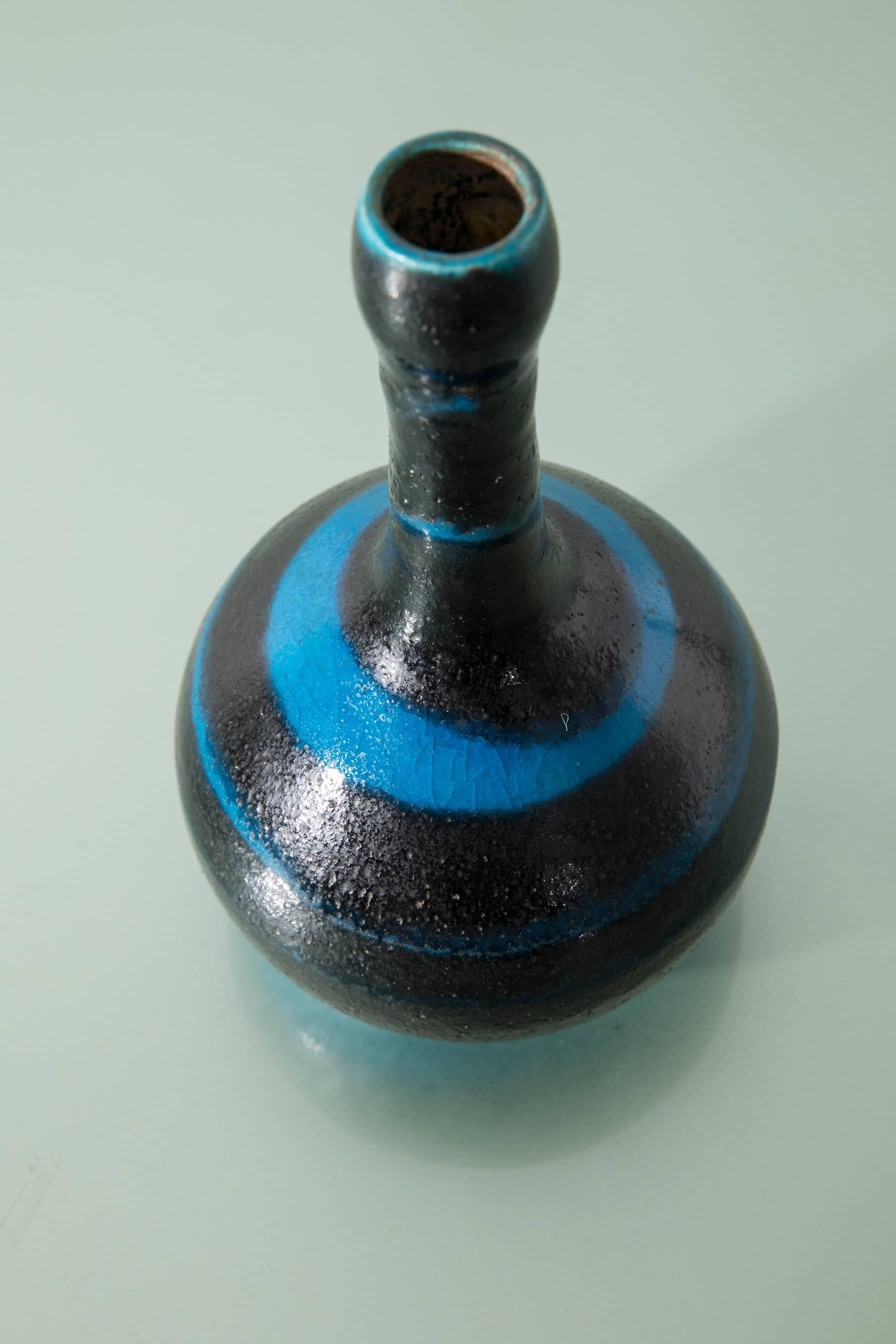 Guido Gambone Blue and Black Glazed Earthenware Italian Vase, 1960s 3