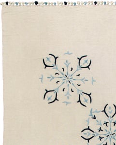 Vintage Cotton Dark Navy and Light Blue Floral Throw with Bulb Fringe