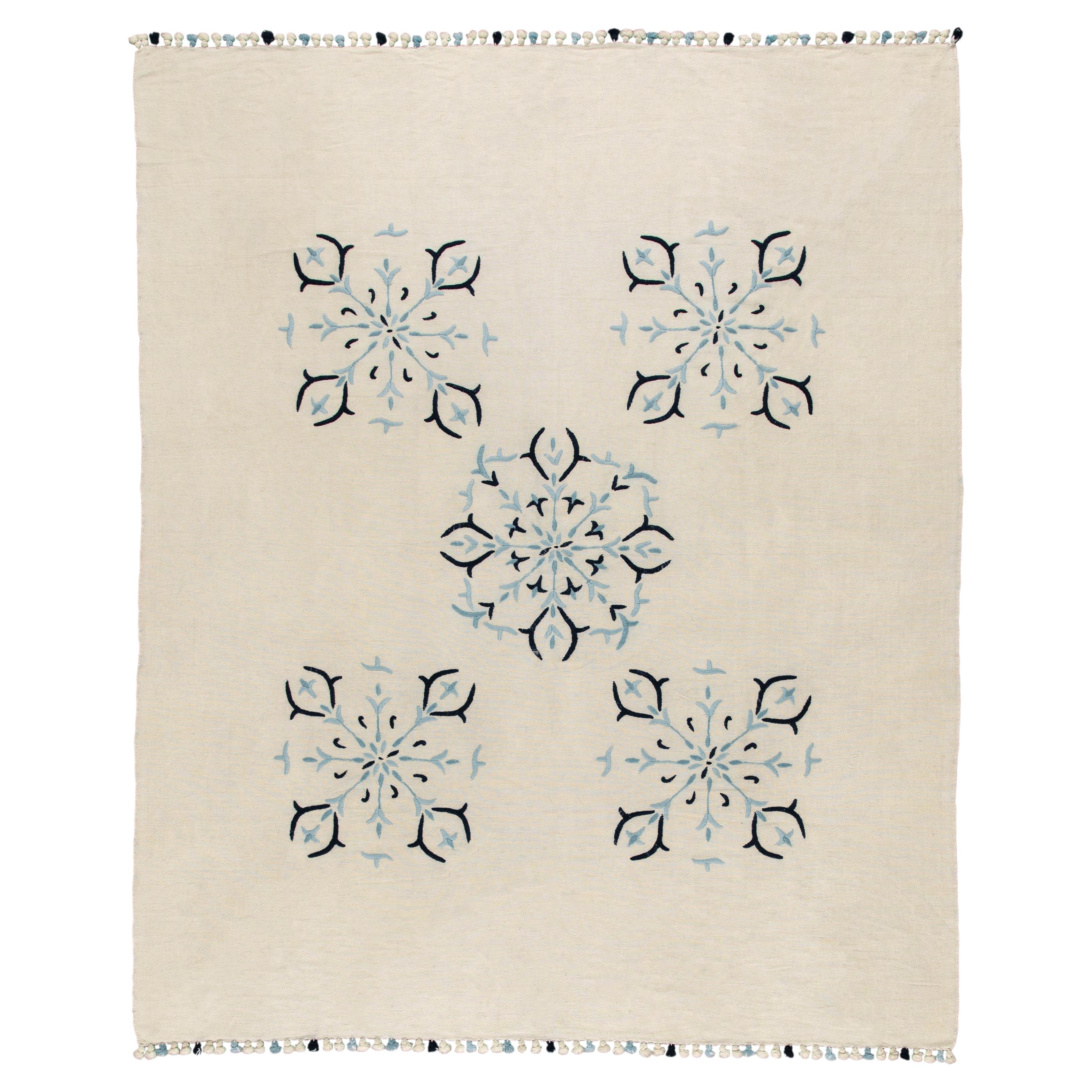 Vintage Cotton Dark Navy and Light Blue Floral Throw with Bulb Fringe