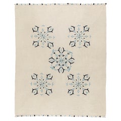 Vintage Cotton Dark Navy and Light Blue Floral Throw with Bulb Fringe