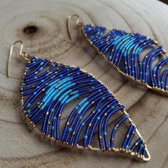 Classic Blue, Turquoise and Bronze Beaded Organic Shaped Earrings