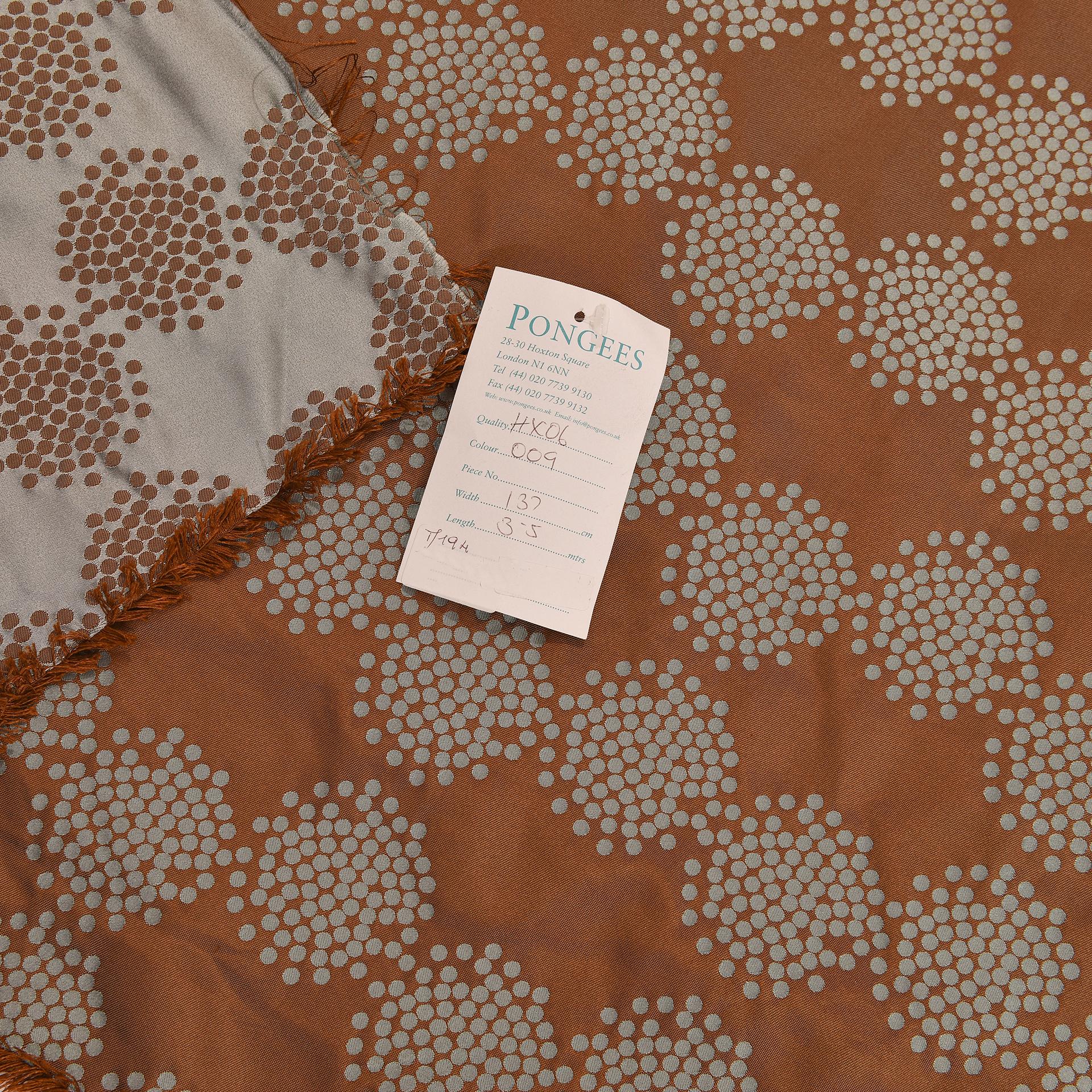 T/194 - Elegant blue and bronze silk for curtains, named PONGEES (English company may be).
Blue and bronze silk for curtains : small bronze circles on a delicate elegant light blue. Ideal for a tent or the headborad of a bed. 
Price interesting