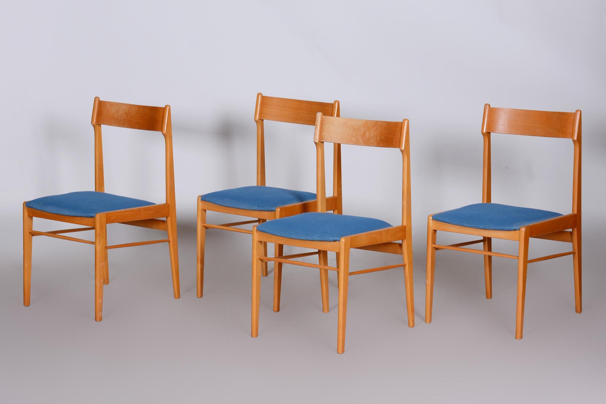 Czech Blue and Brown Dining Chairs 4 Pcs, Well Preserved Original Condition, 1950s For Sale