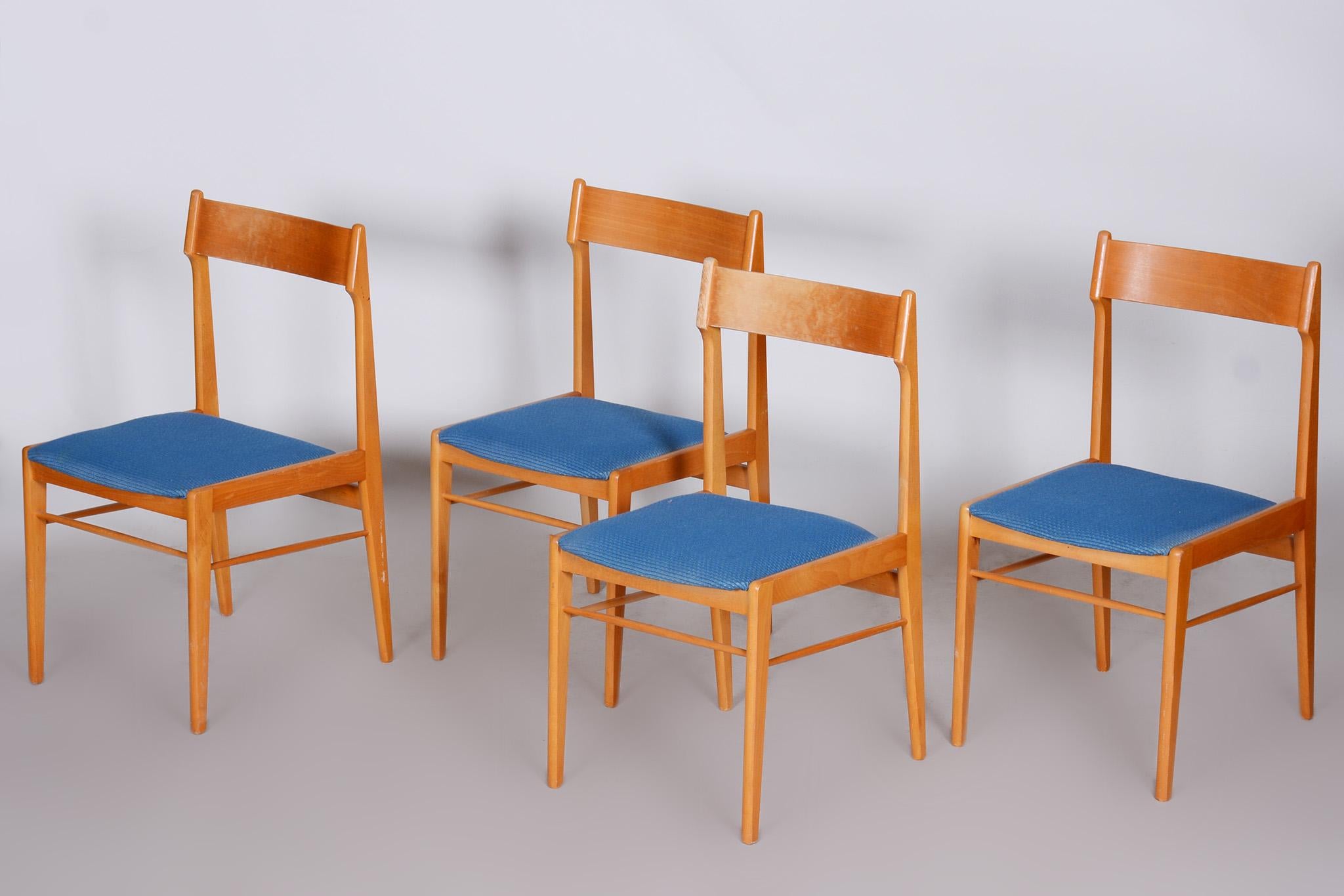 Blue and Brown Dining Chairs 4 Pcs, Well Preserved Original Condition, 1950s In Good Condition For Sale In Horomerice, CZ
