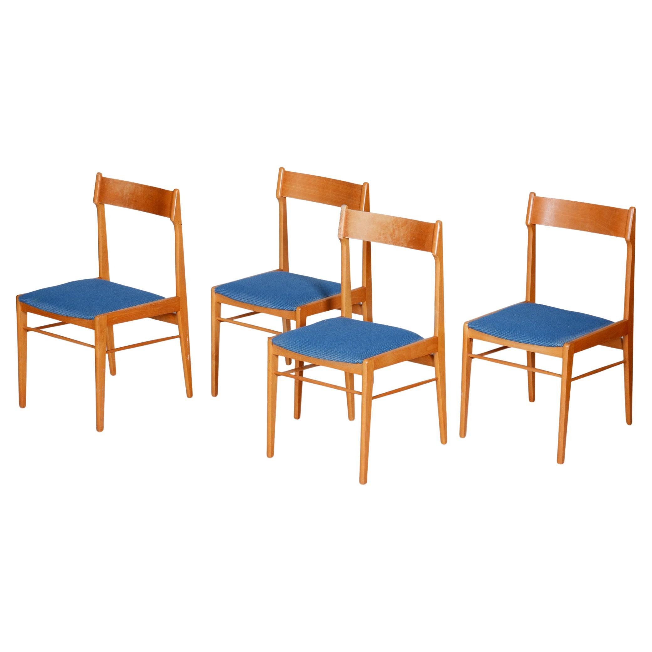 Chaises de salle à manger bleues et brunes 4 pièces, état d'origine bien conservé, années 1950
