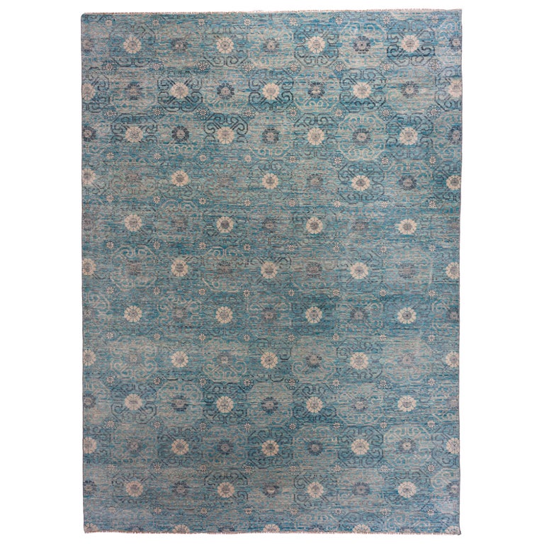 Blue and Brown Floral Medallions Area Rug For Sale at 1stDibs