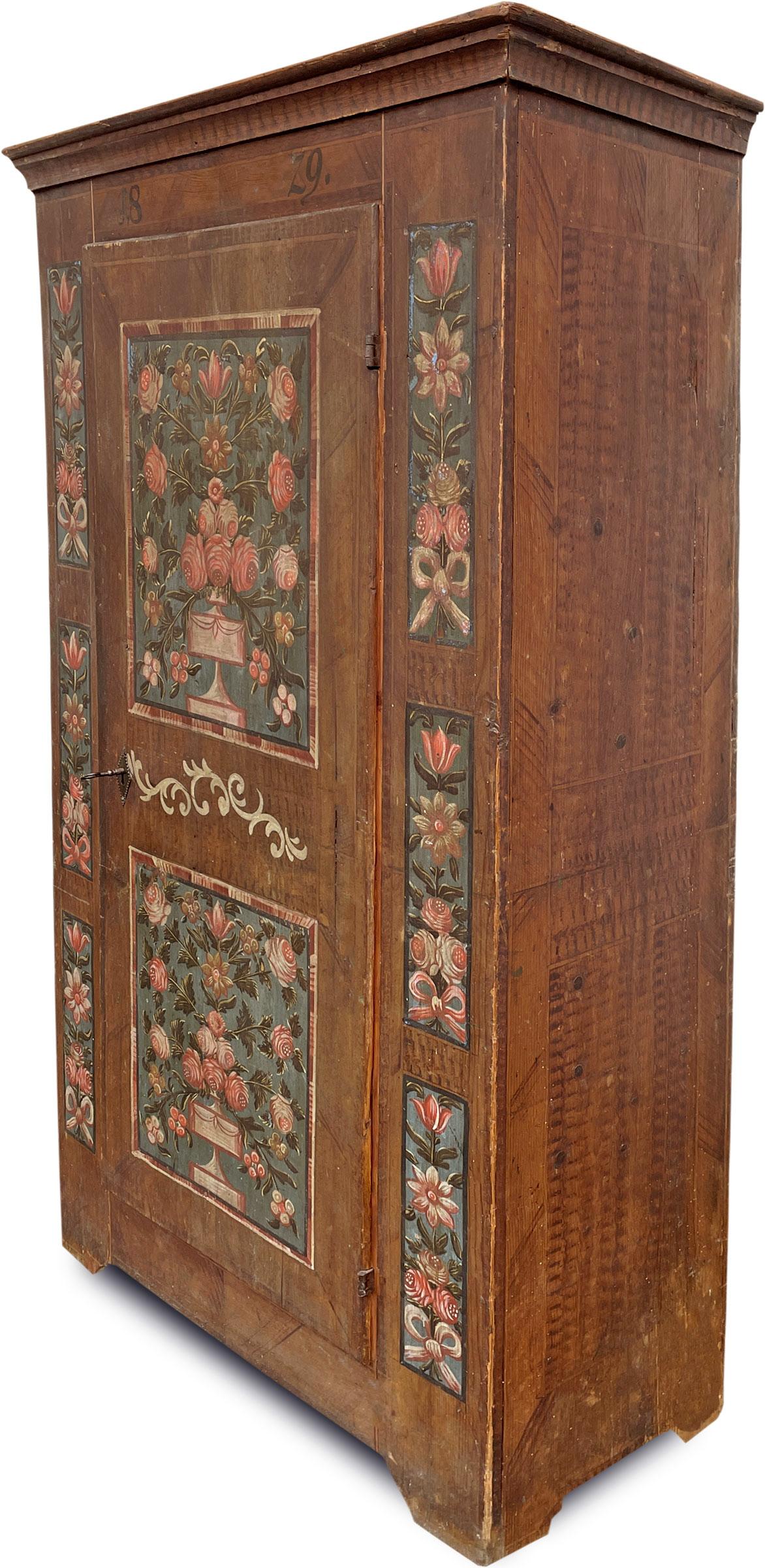 Blue and Brown Floral Painted Wardrobe, 1829, Central Europe 4