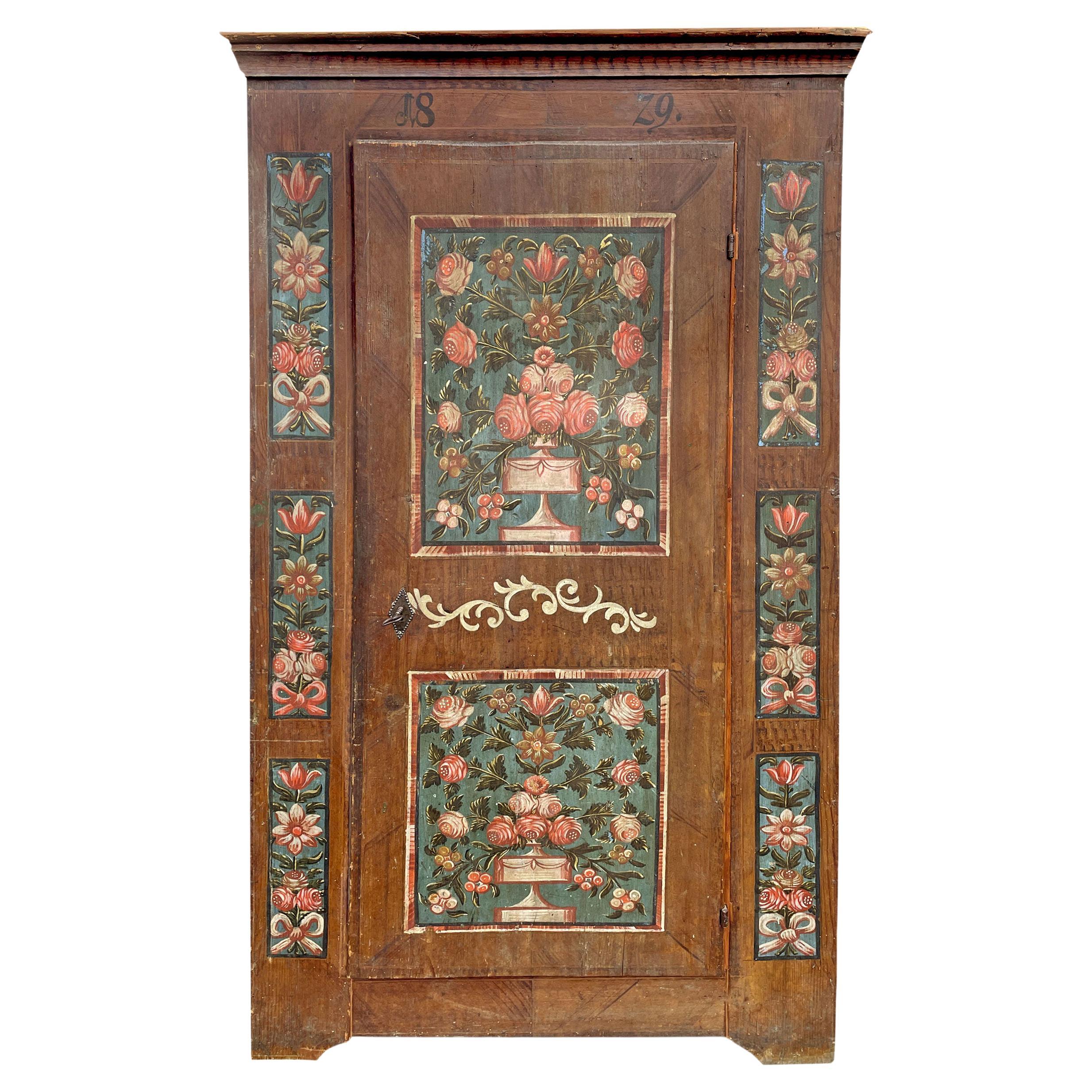 Blue and Brown Floral Painted Wardrobe, 1829, Central Europe