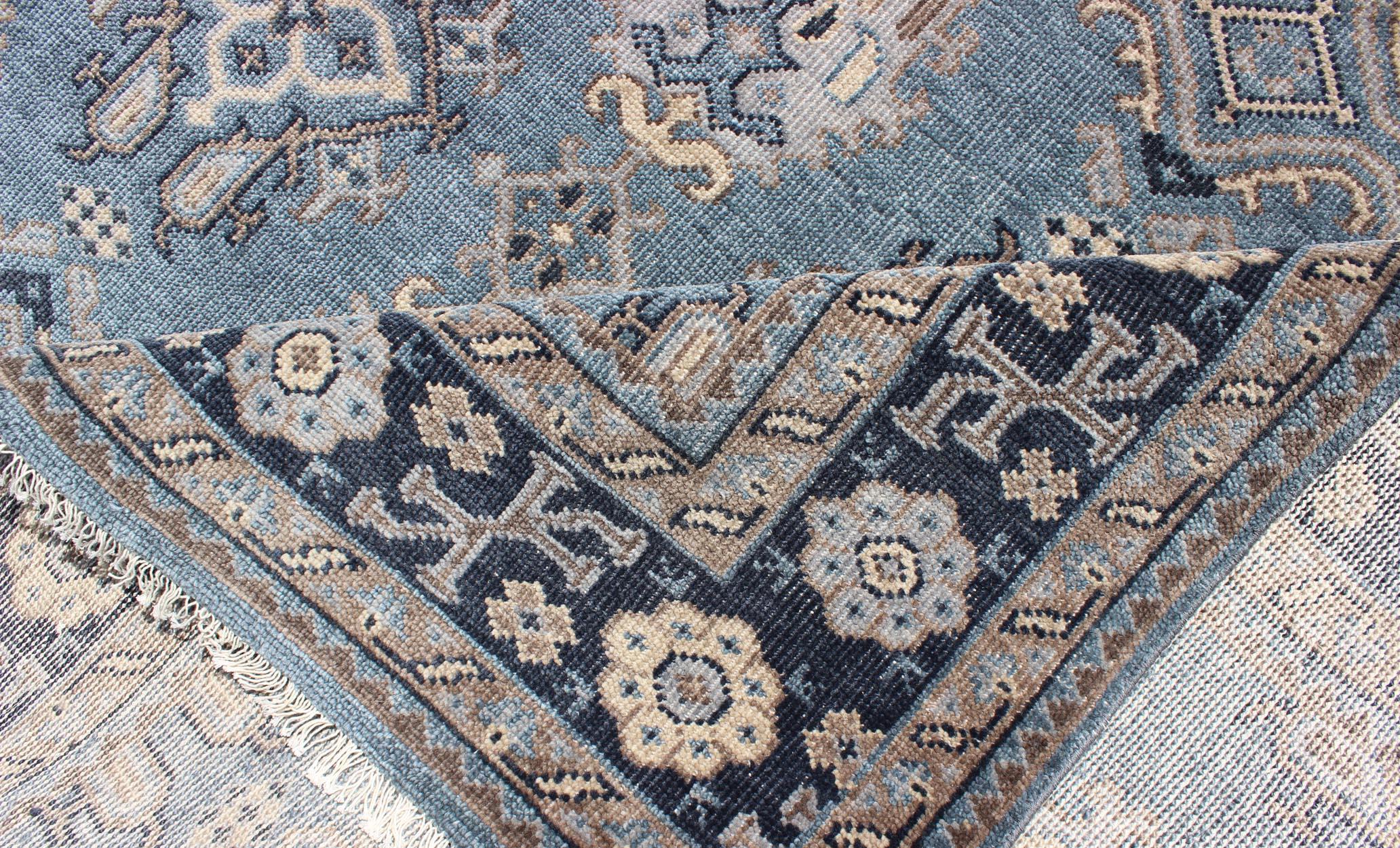 Blue and Brown Hand-Knotted Wool Oushak Area Rug by Keivan Woven Arts For Sale 5