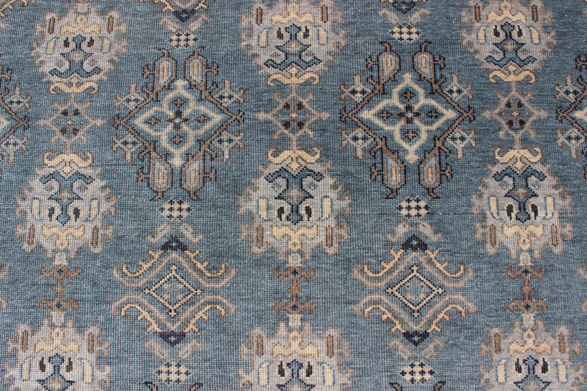 Indian Blue and Brown Hand-Knotted Wool Oushak Area Rug by Keivan Woven Arts For Sale