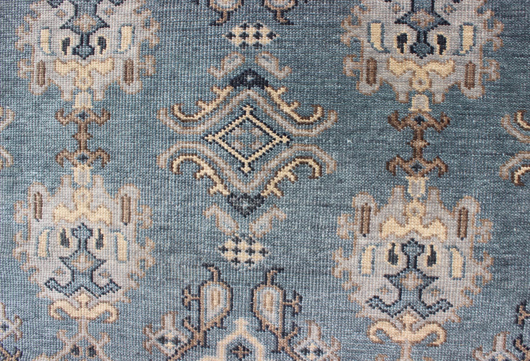 Blue and Brown Hand-Knotted Wool Oushak Area Rug by Keivan Woven Arts In Excellent Condition For Sale In Atlanta, GA