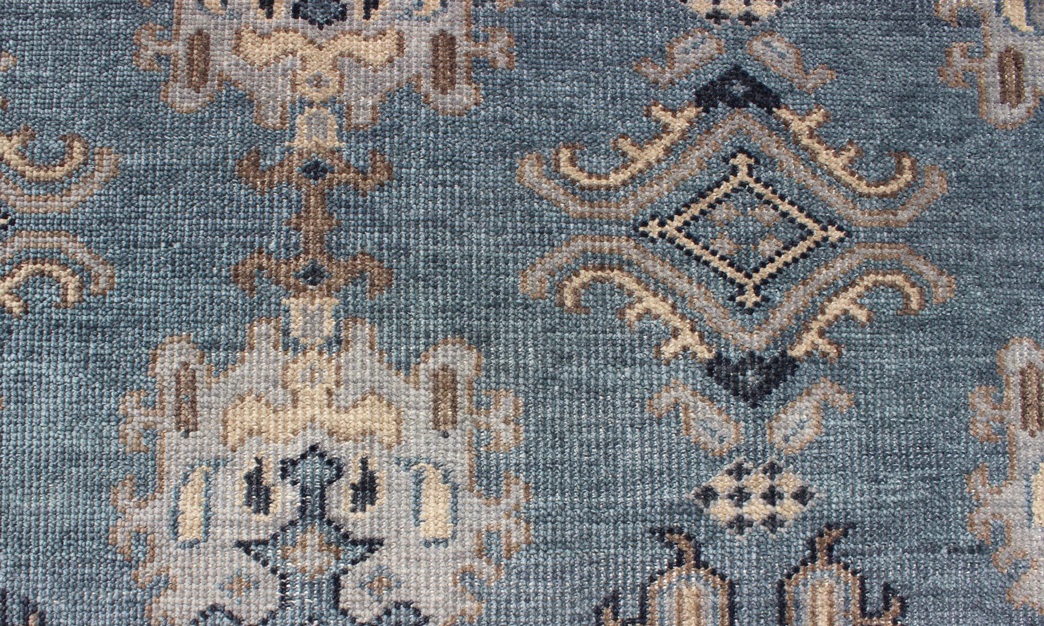 Contemporary Blue and Brown Hand-Knotted Wool Oushak Area Rug by Keivan Woven Arts For Sale