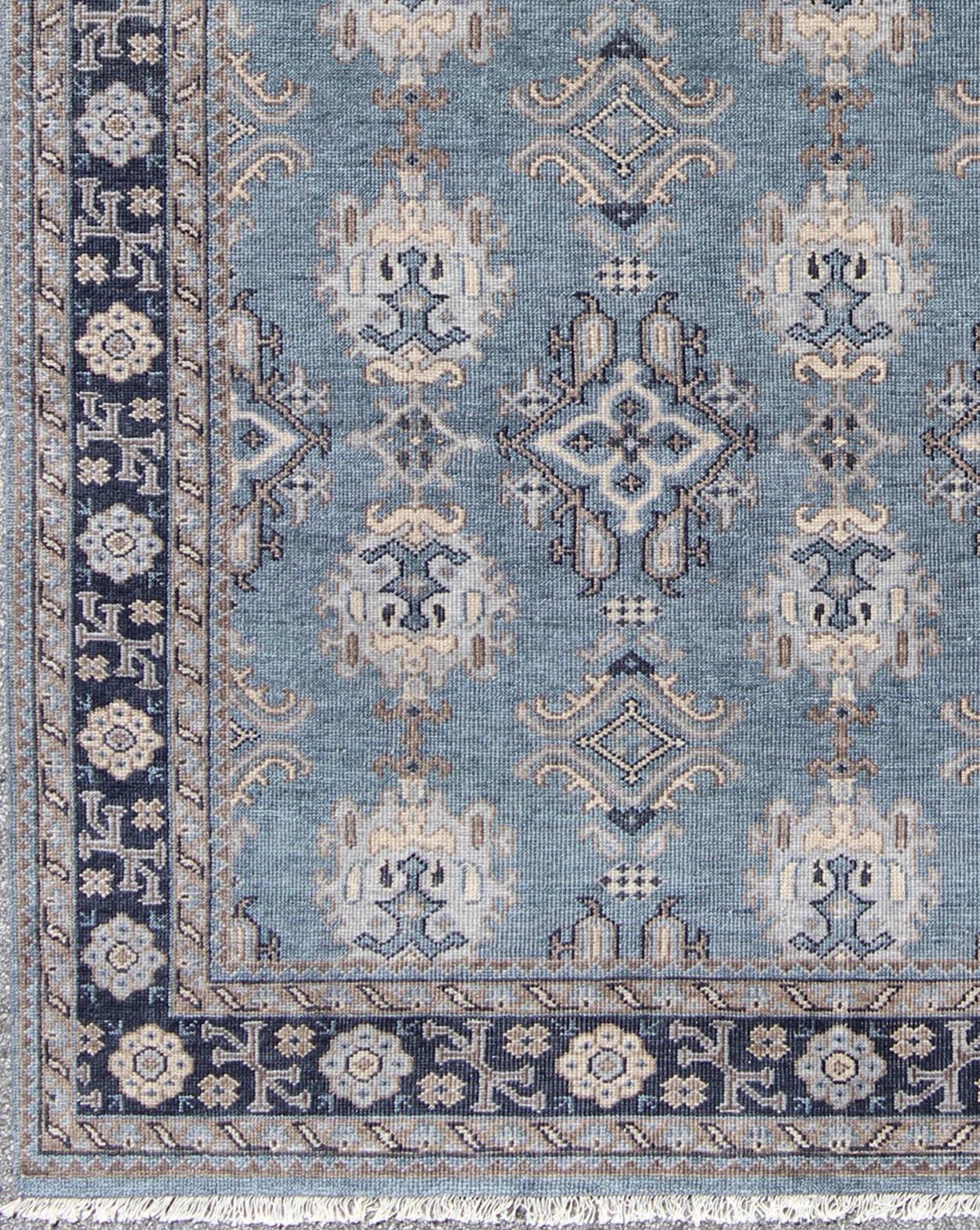 Blue and Brown Hand-Knotted Wool Oushak Area Rug by Keivan Woven Arts For Sale 2