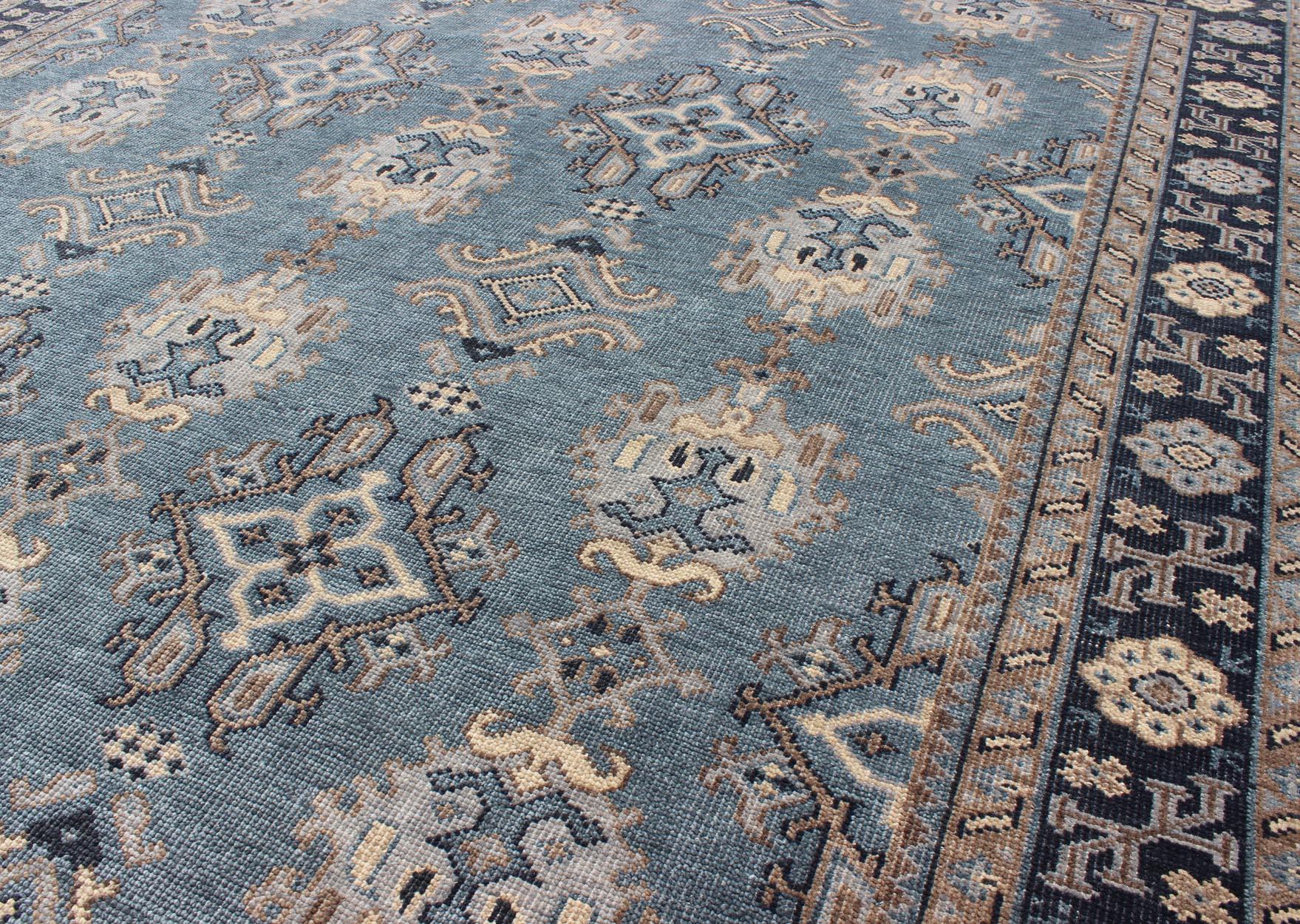 Blue and Brown Hand-Knotted Wool Oushak Area Rug by Keivan Woven Arts For Sale 4