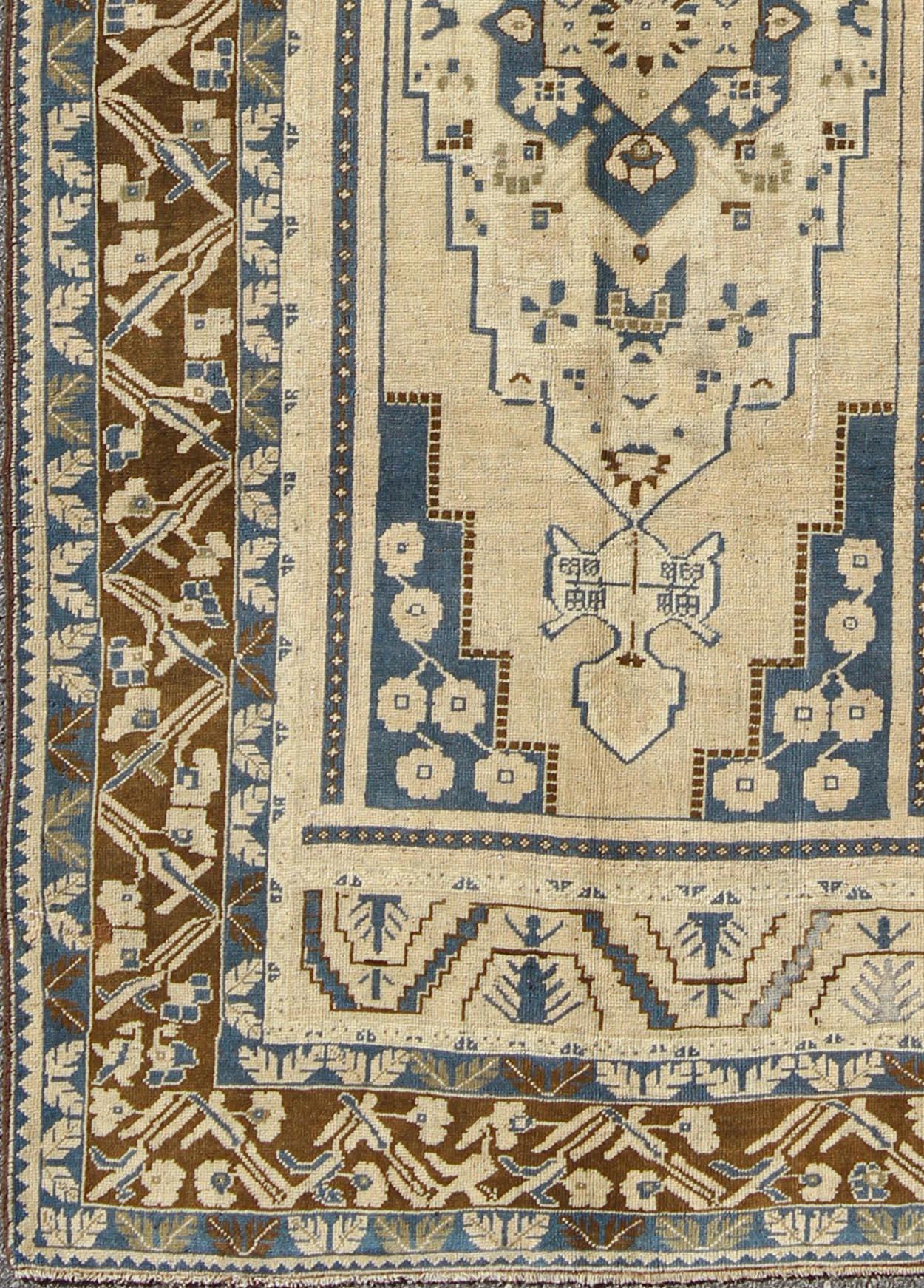 Turkish Blue and Brown Oushak Vintage Rug from Turkey with Geometric Layered Medallion For Sale