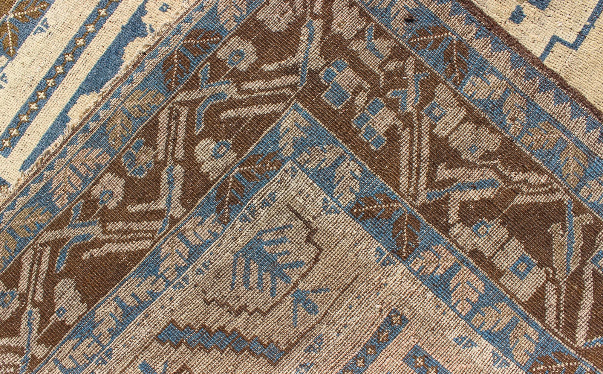 Blue and Brown Oushak Vintage Rug from Turkey with Geometric Layered Medallion For Sale 1
