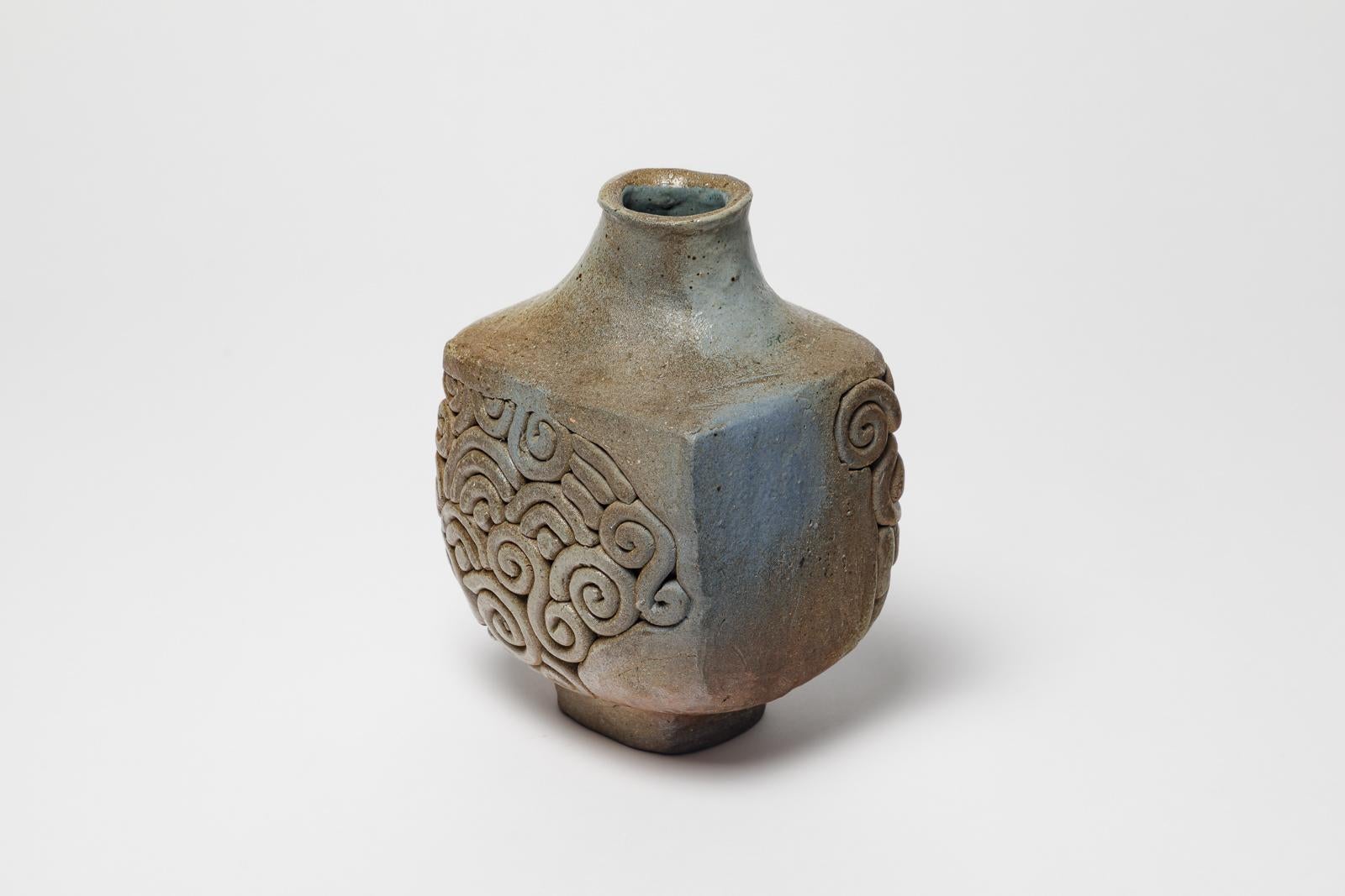 XX secolo Blue and brown stoneware ceramic vase by Jean Guillaume La borne 1975 20th in vendita