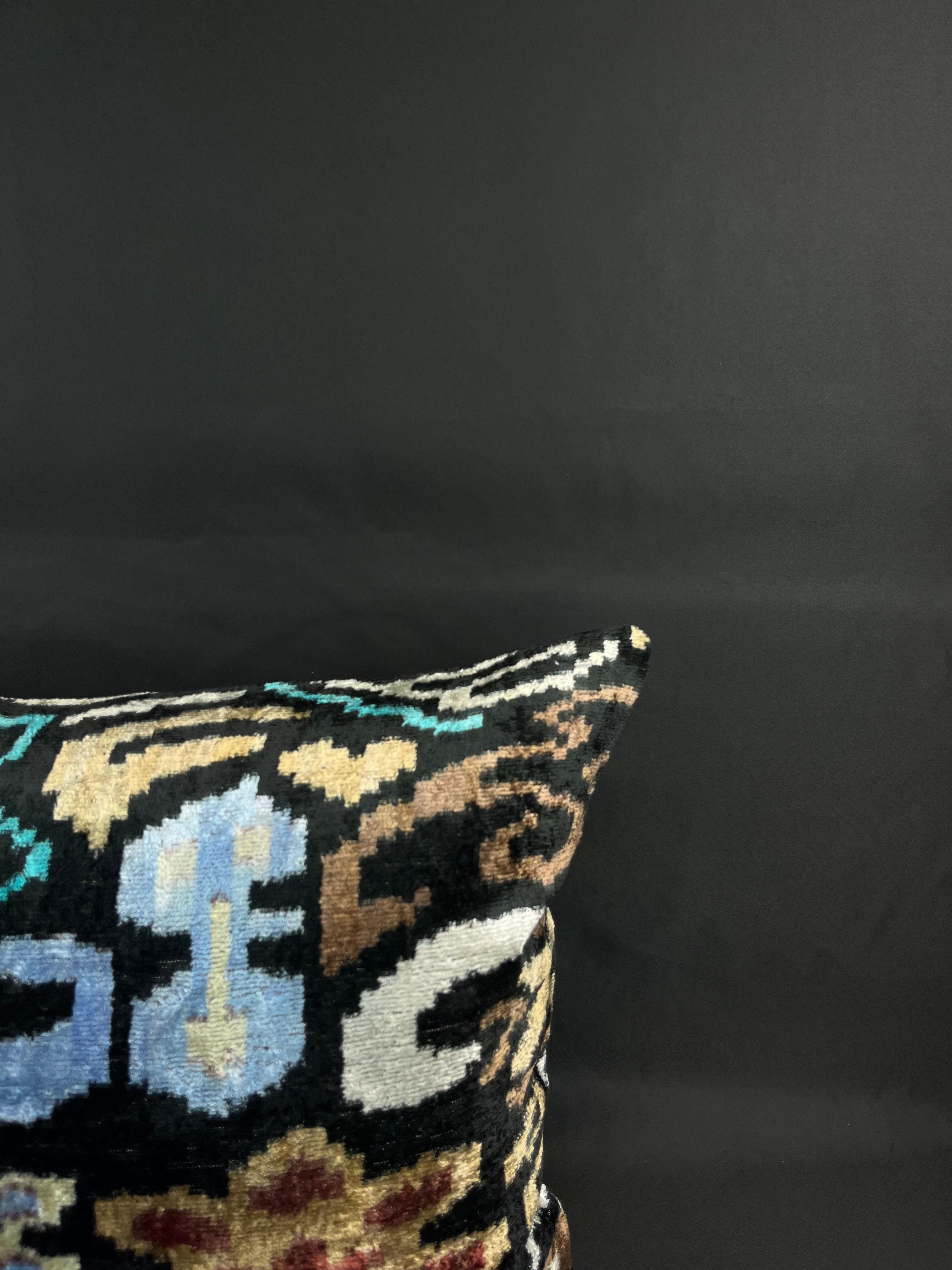 Modern Blue and Brown Velvet Silk Ikat Pillow Cover