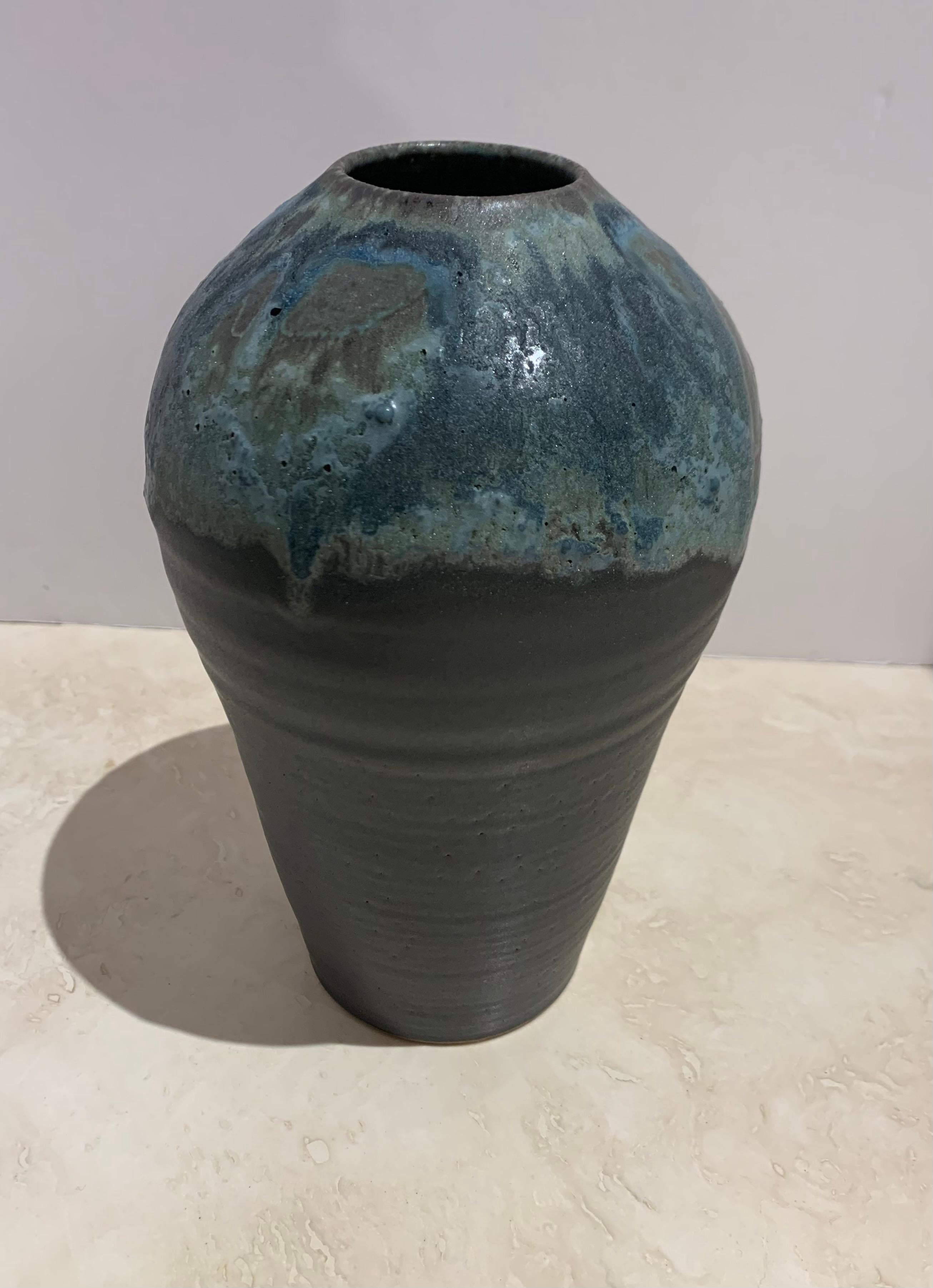 North American Blue and Charcoal Stoneware Vase by Peter Speliopoulos, USA, Contemporary
