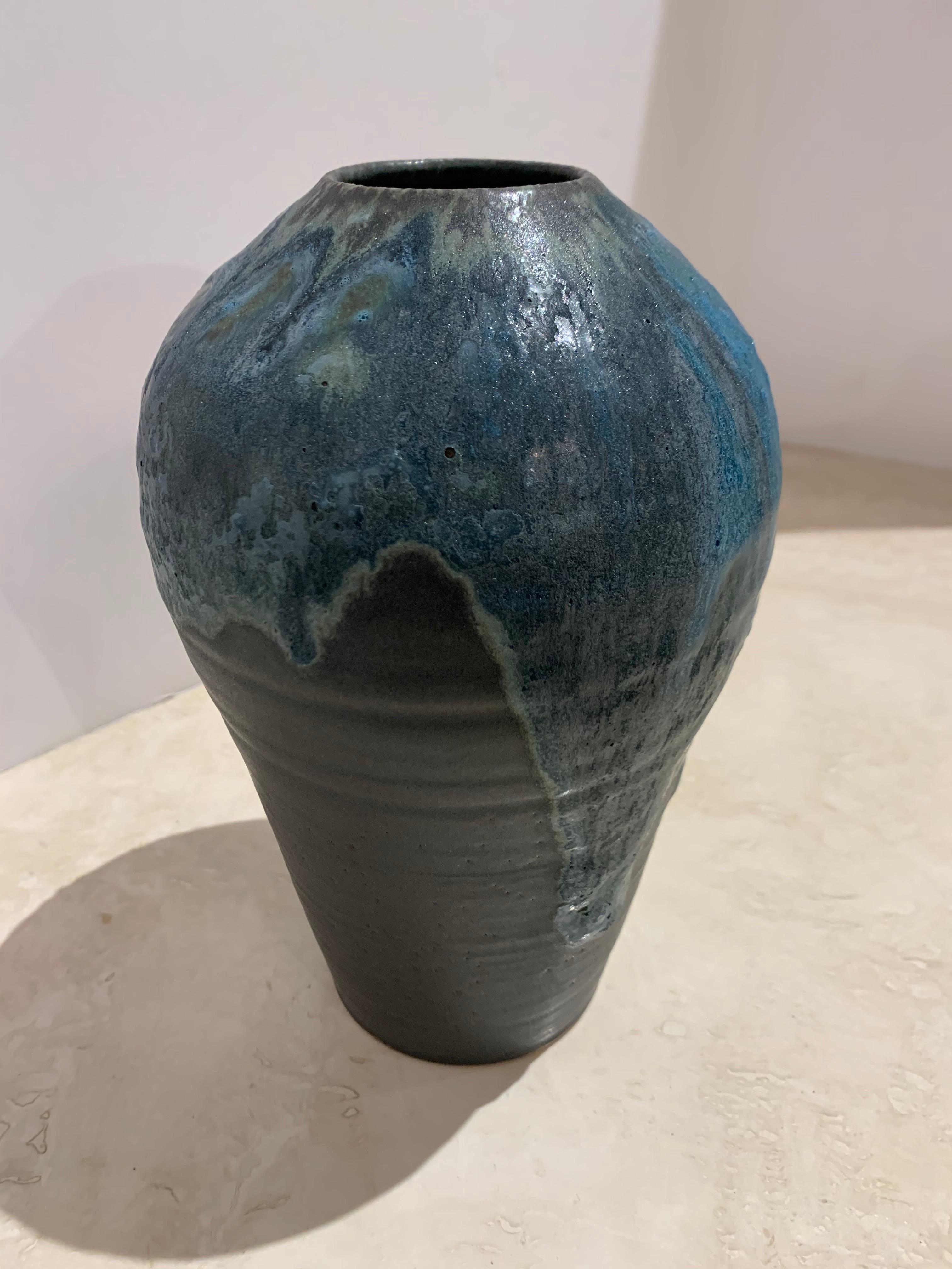 Blue and Charcoal Stoneware Vase by Peter Speliopoulos, USA, Contemporary In New Condition In New York, NY