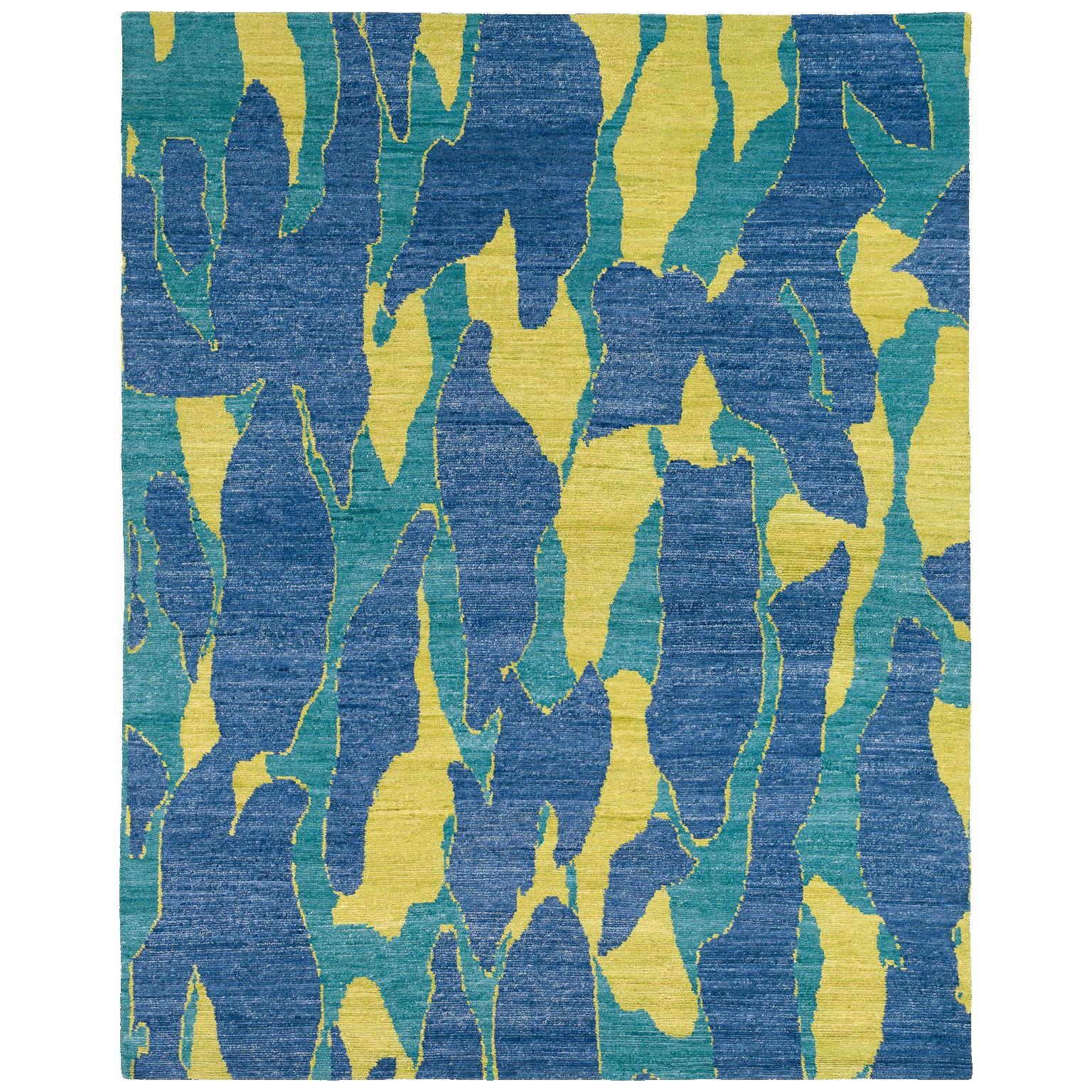 Blue and Chartreuse Camouflage Print Area Rug by Carini For Sale at 1stDibs