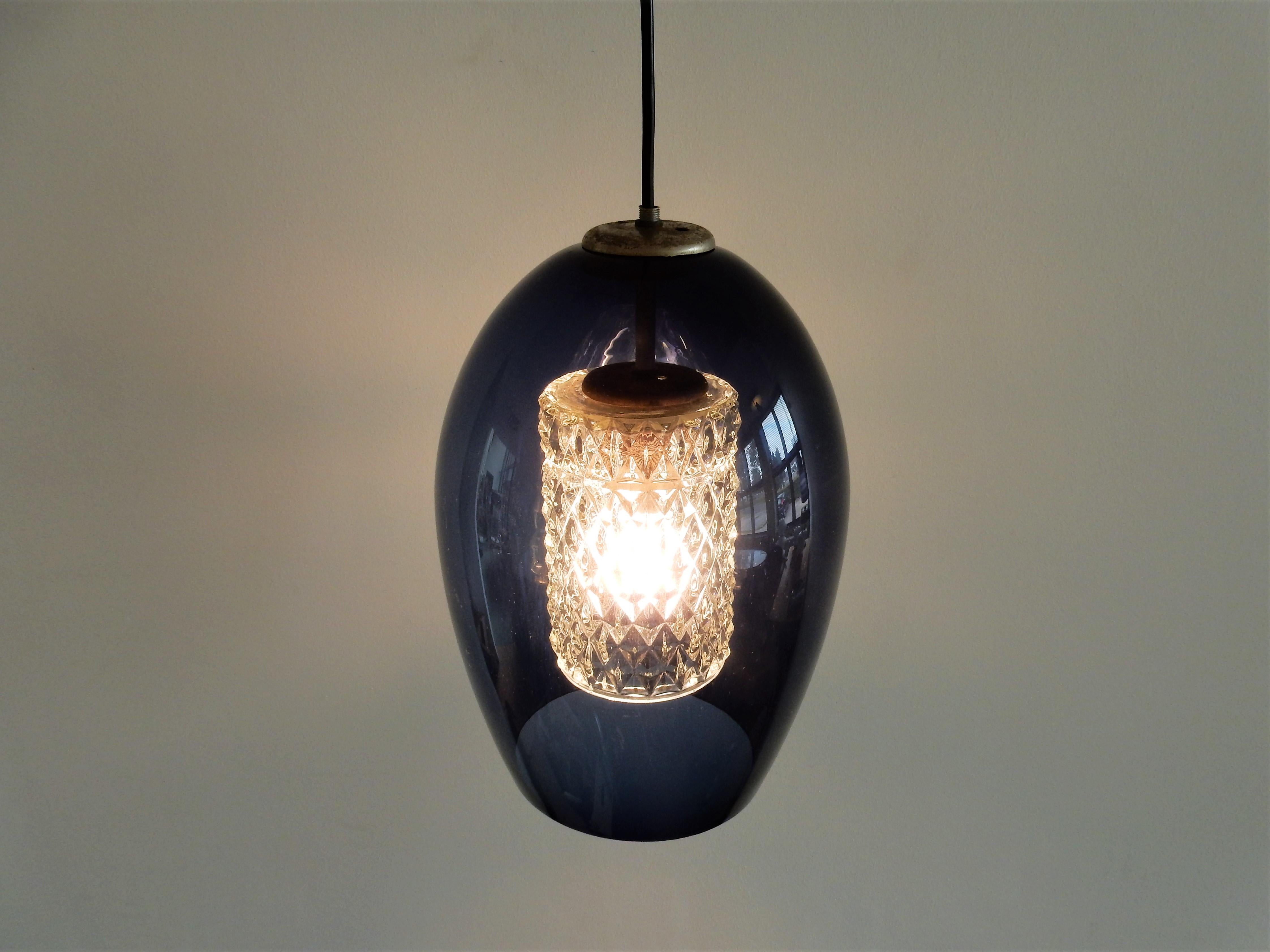 European Blue and Clear Glass Pendant Lamp by Carl Fagerlund (attr.) for Orrefors (attr.)