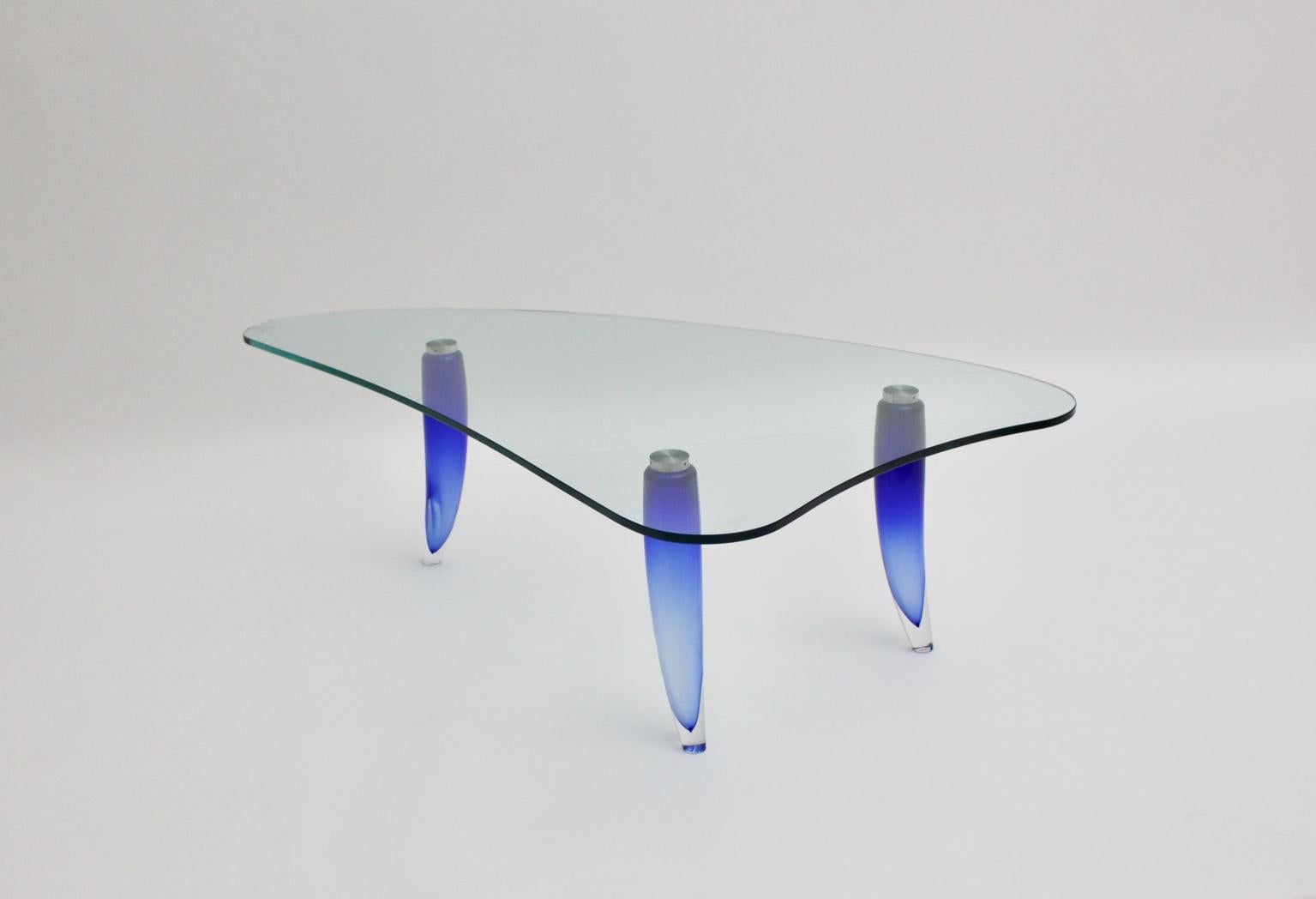 Table basse moderne en verre bleu et transparent Seguso attribuée à Seguso vers 1980, Italie en vente 4