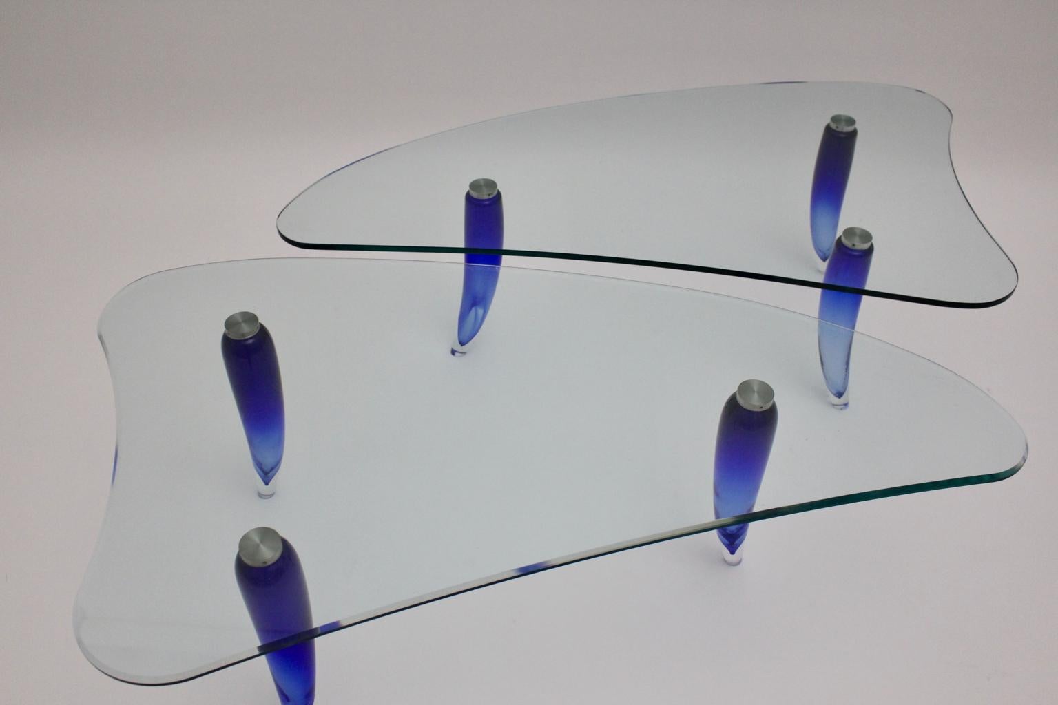 Metal Modern Blue and Clear Glass Vintage Coffee Table Seguso attr. c 1980, Italy For Sale