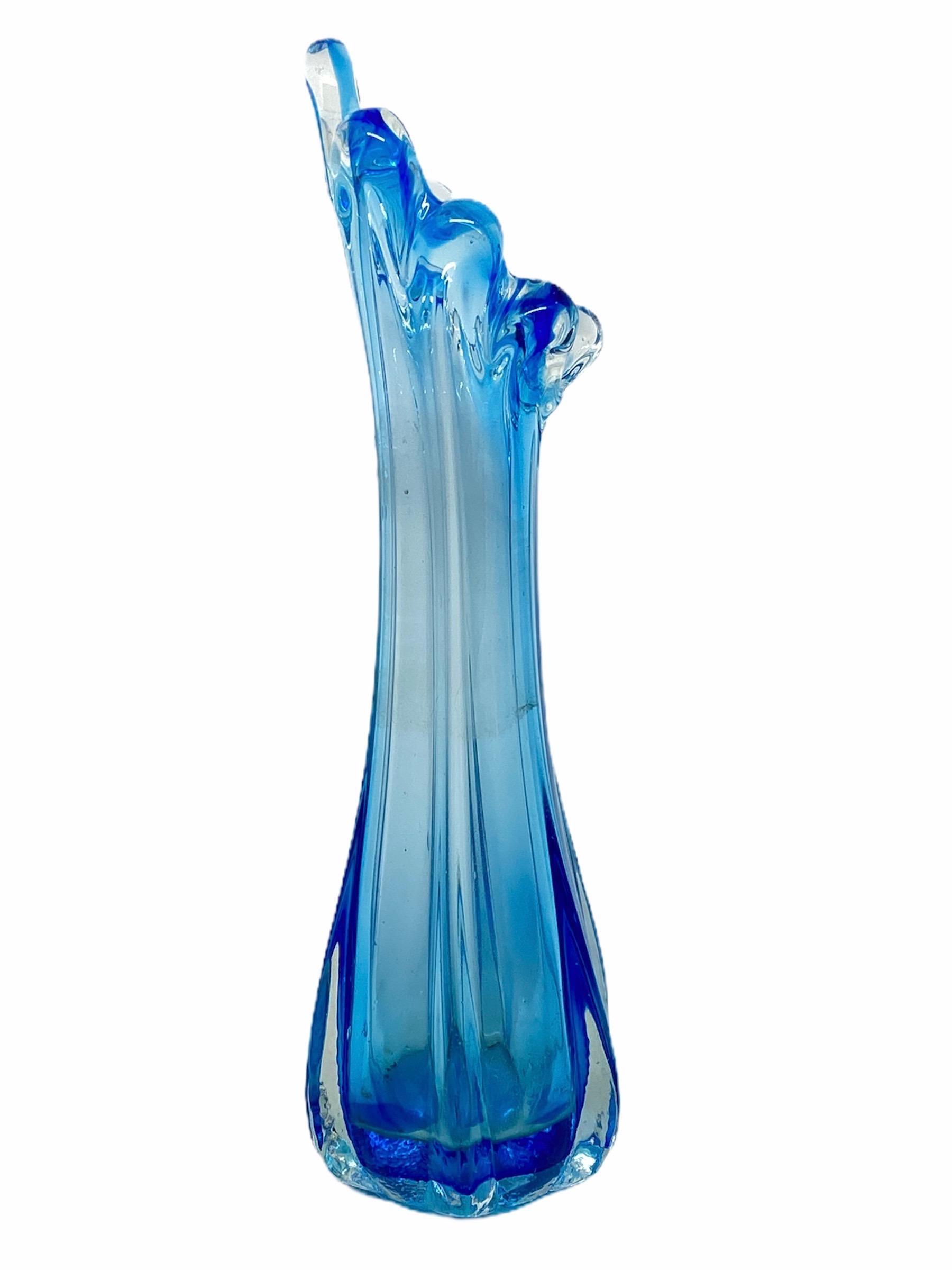 Mid-Century Modern Blue and Clear Hollywood Regency Sommerso Glass Vase Murano, Italy, 1970s