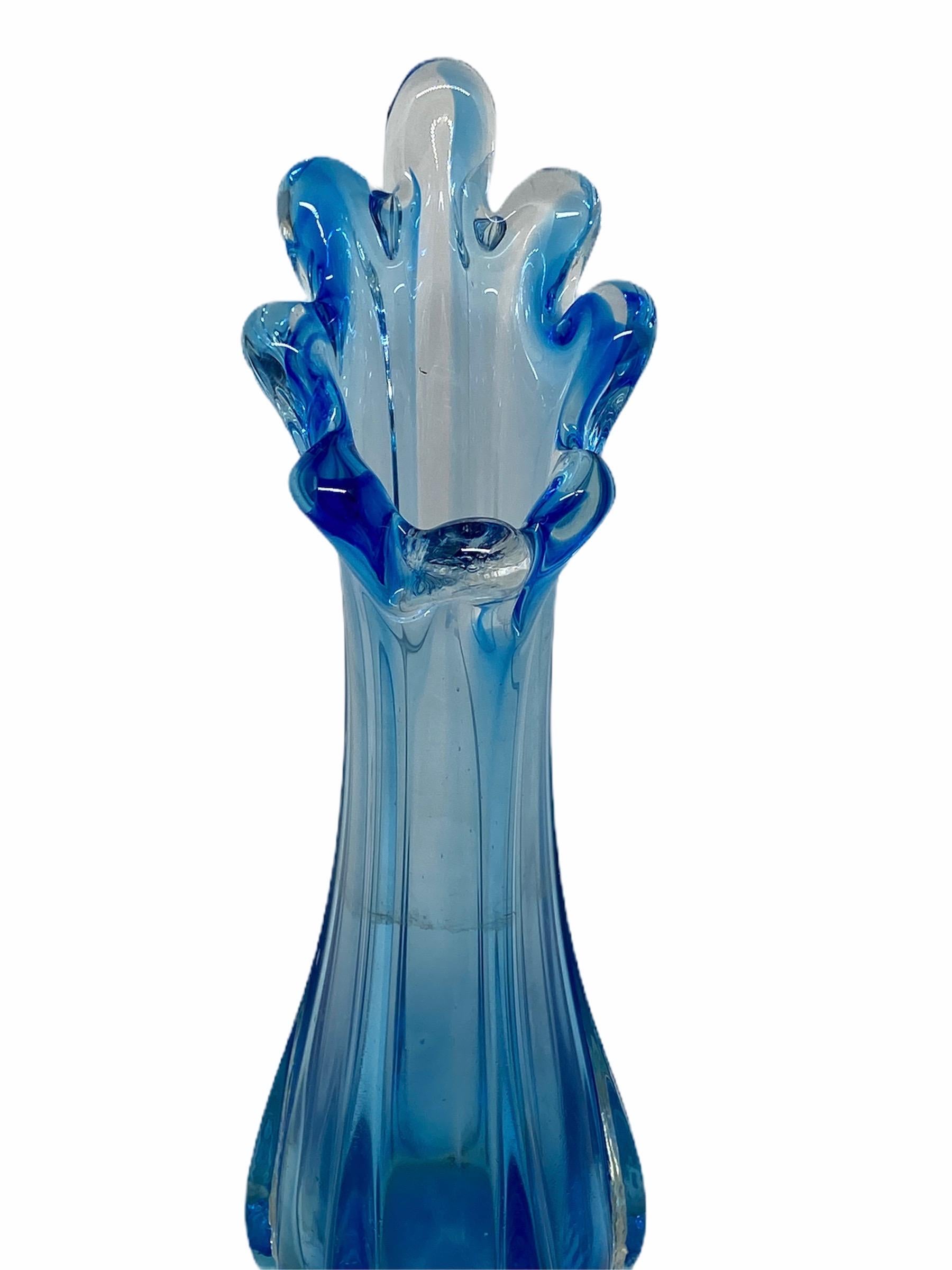 Hand-Crafted Blue and Clear Hollywood Regency Sommerso Glass Vase Murano, Italy, 1970s