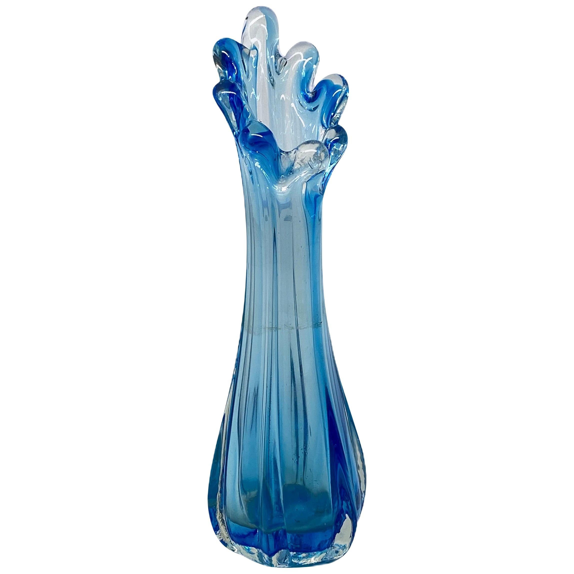 Blue and Clear Hollywood Regency Sommerso Glass Vase Murano, Italy, 1970s