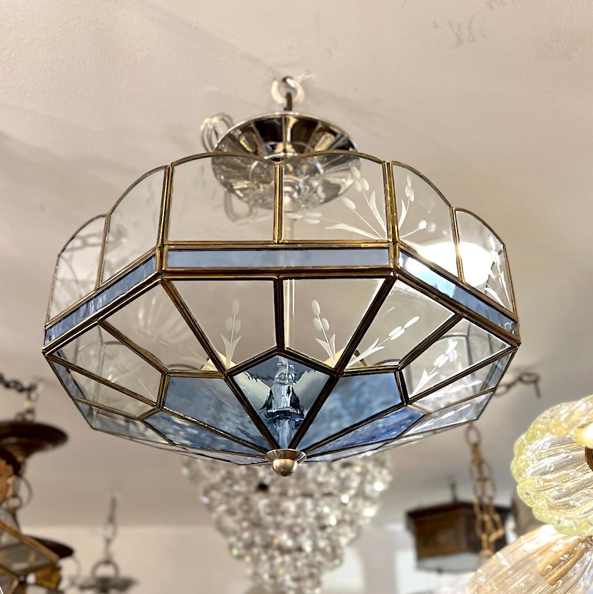 Blue and Clear Leaded Glass Light Fixture For Sale 5
