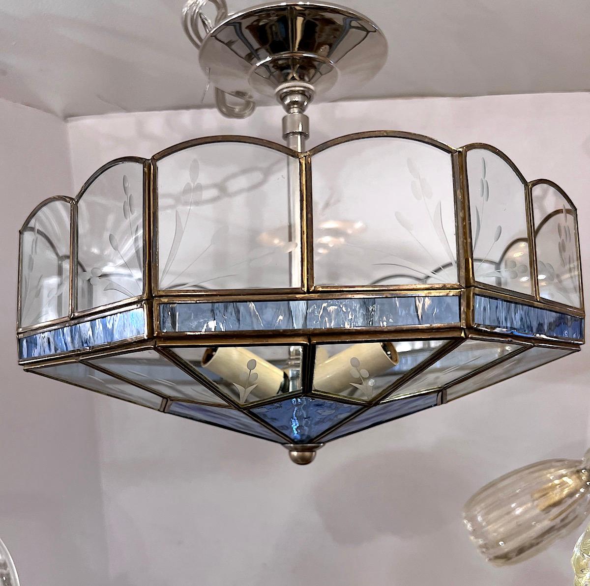 English Blue and Clear Leaded Glass Light Fixture For Sale