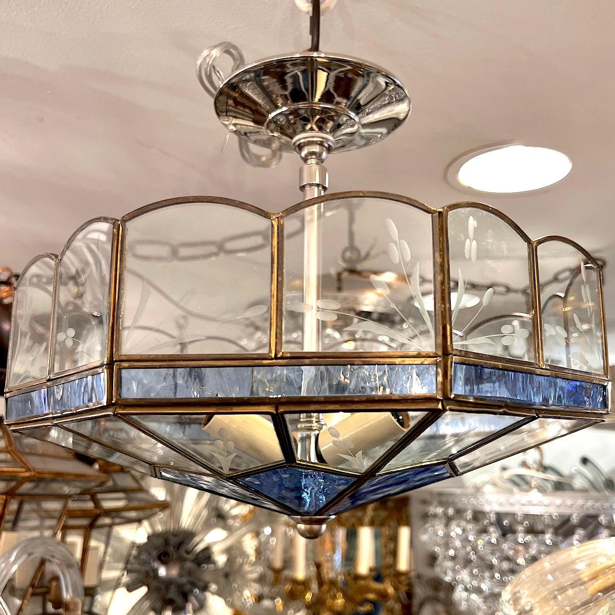 Blue and Clear Leaded Glass Light Fixture In Good Condition For Sale In New York, NY