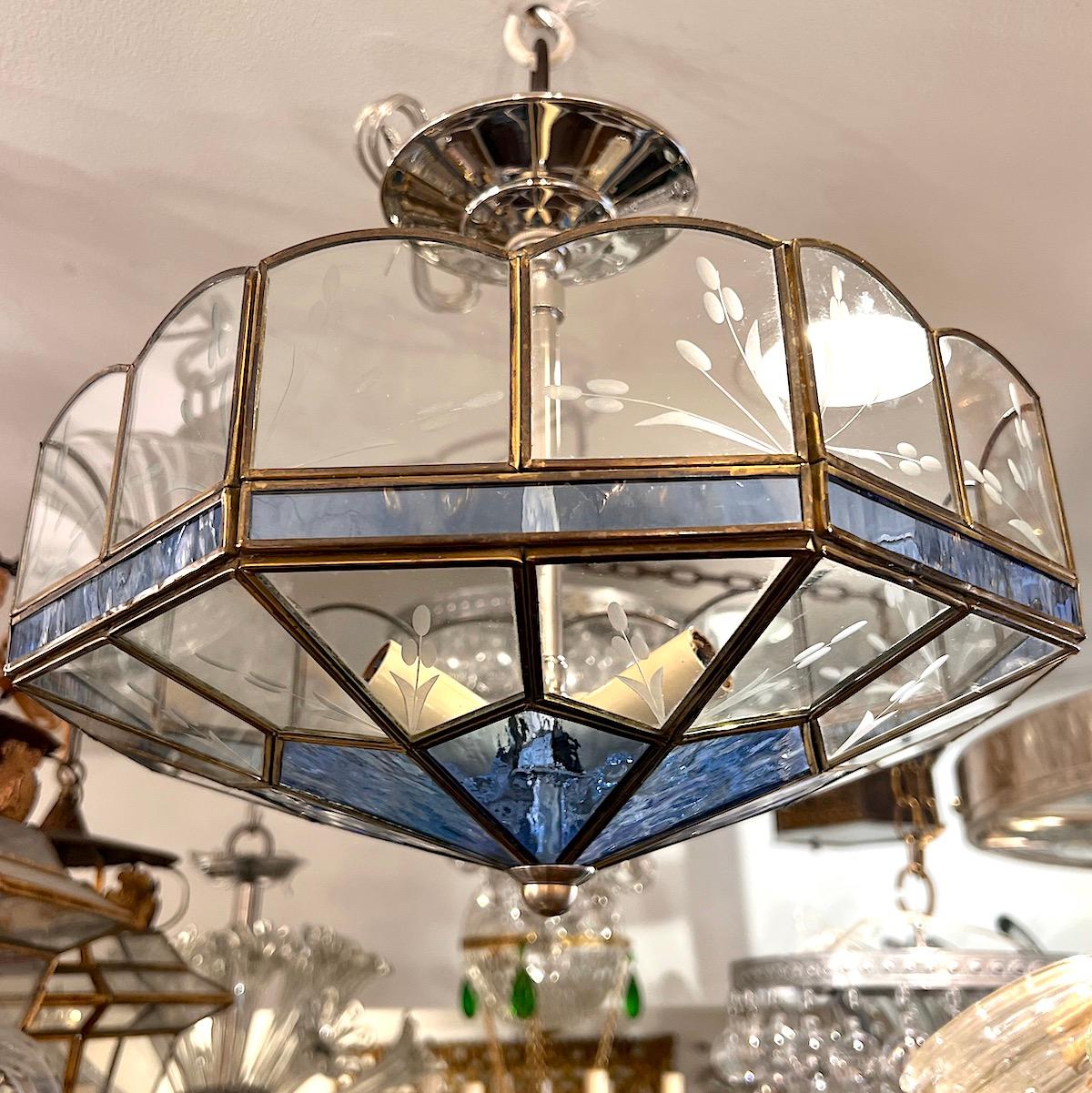 Mid-20th Century Blue and Clear Leaded Glass Light Fixture For Sale
