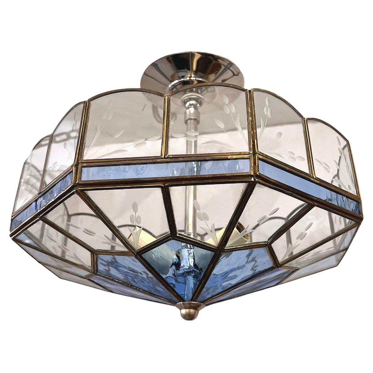 Blue and Clear Leaded Glass Light Fixture For Sale