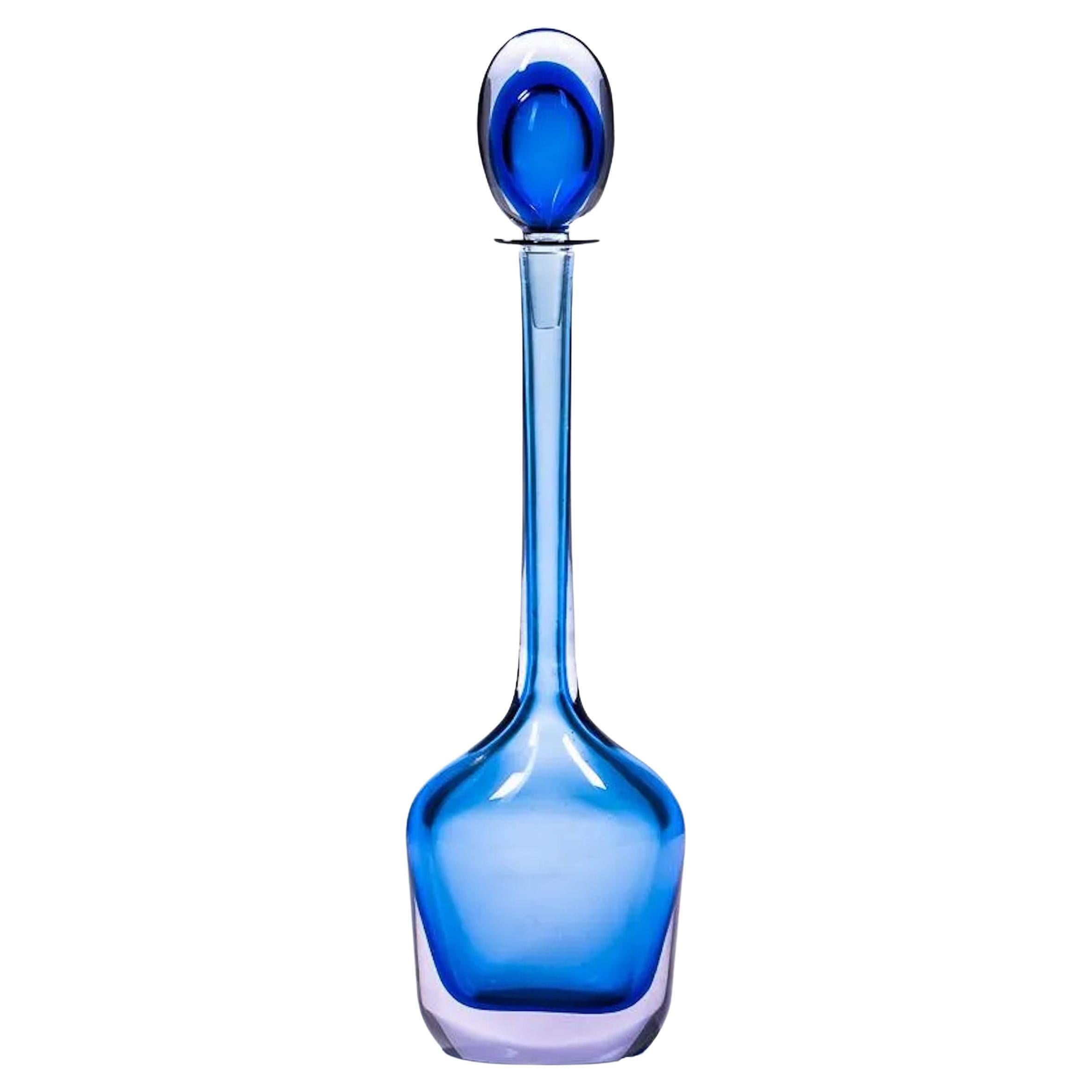 Blue and Clear Murano "Sommerso" Glass Decanter by Mario Pinzoni for Seguso For Sale