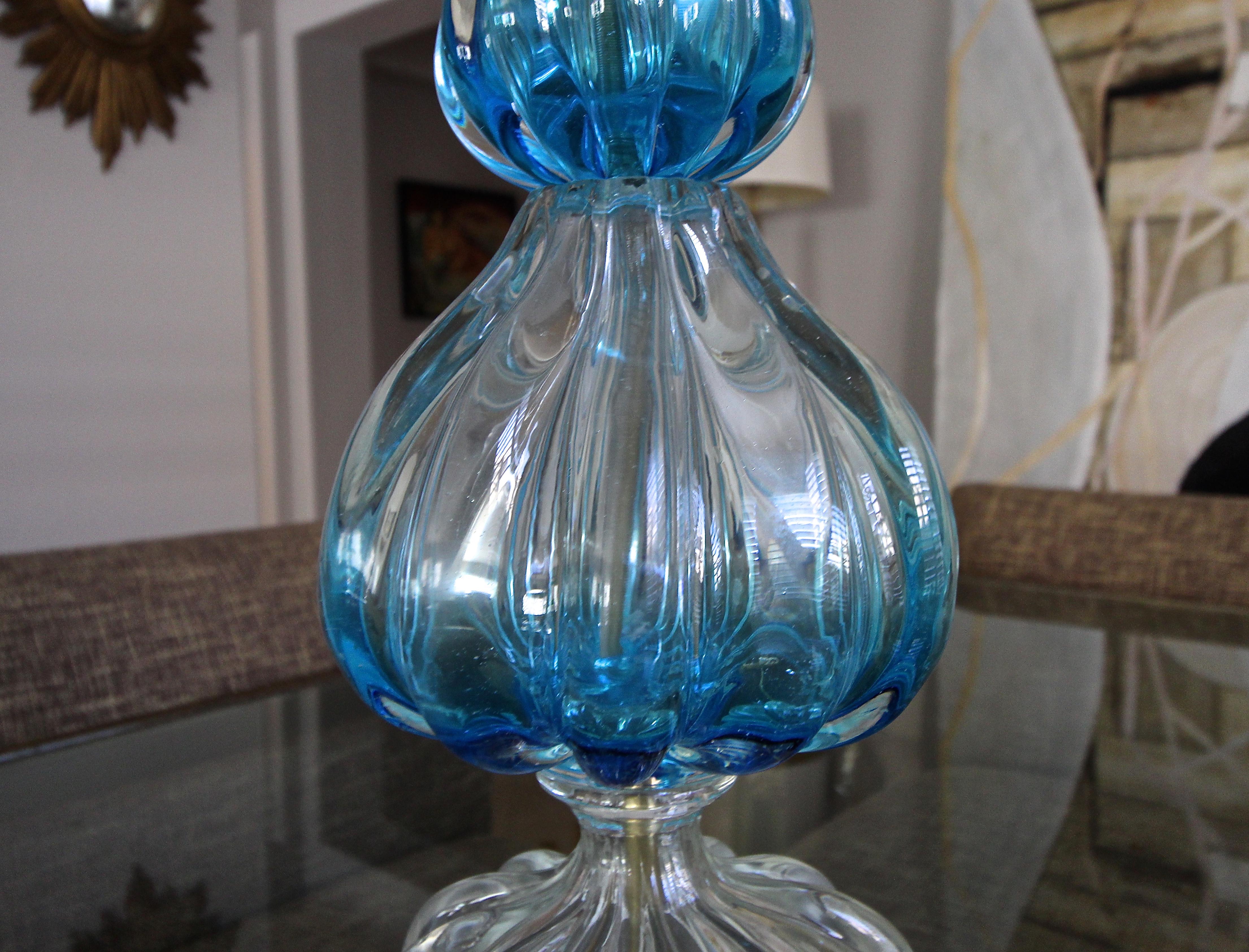 Blue and Clear Seguso Murano Ribbed Glass Table Lamp 4