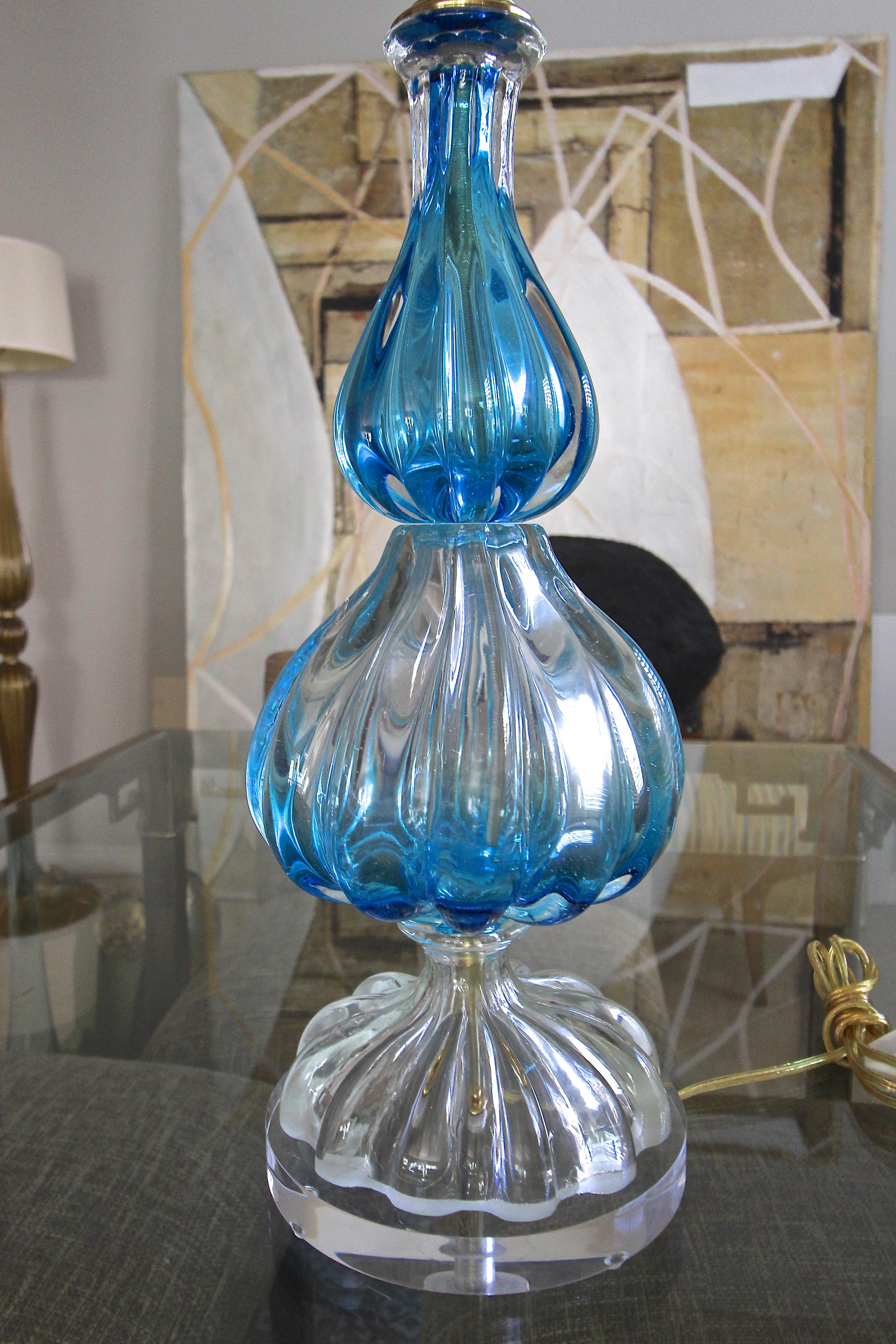 Blue and Clear Seguso Murano Ribbed Glass Table Lamp 5