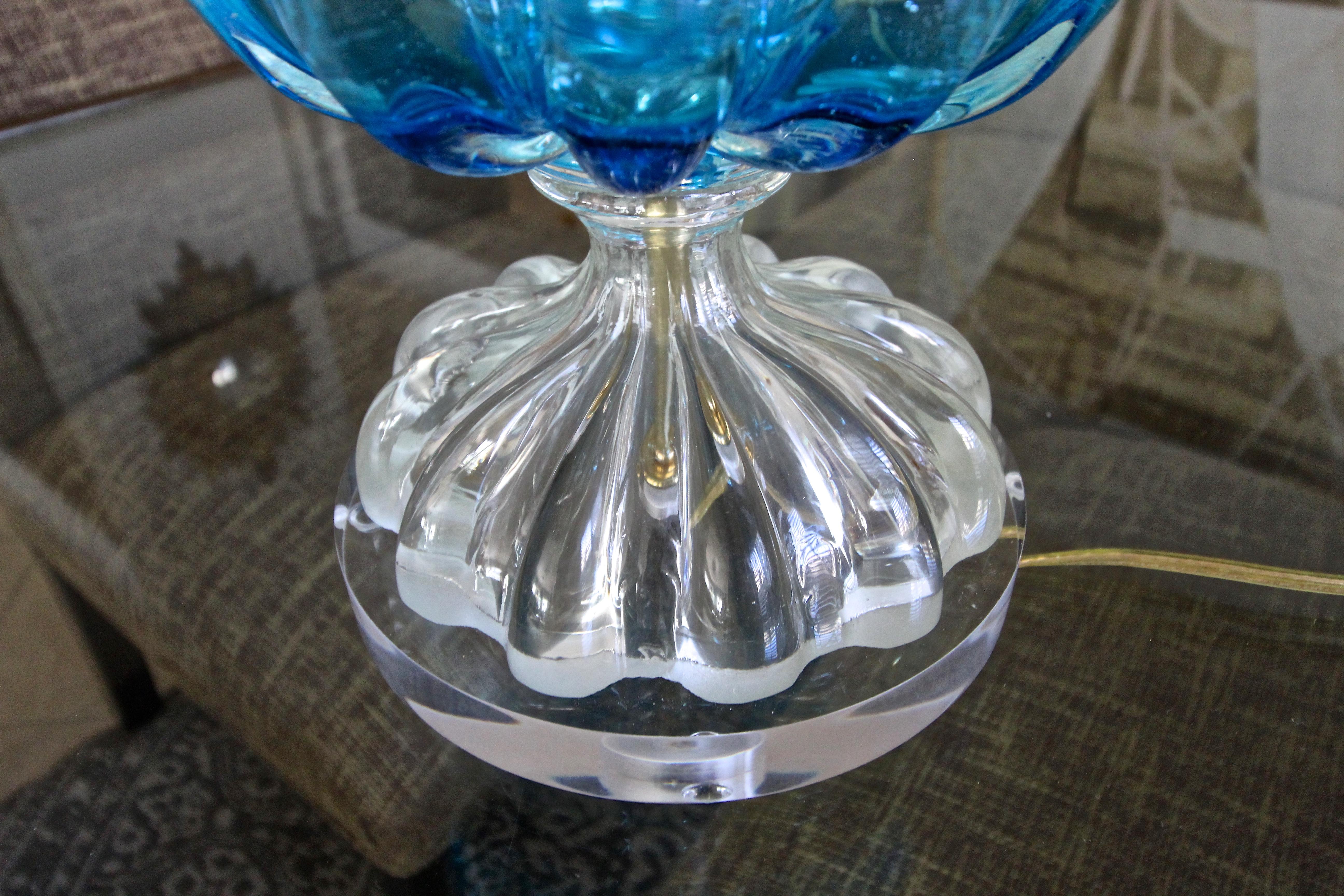 Blue and Clear Seguso Murano Ribbed Glass Table Lamp 7
